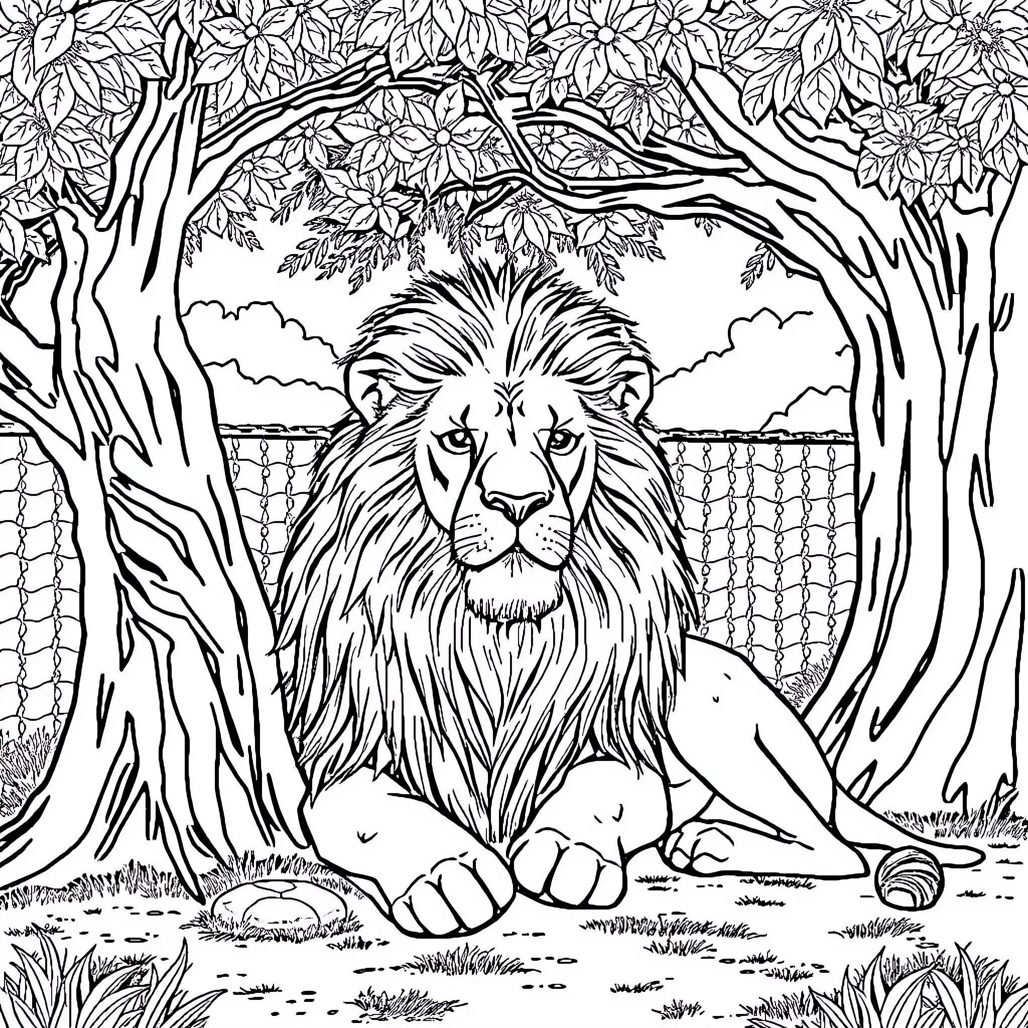 Lion resting in the lush, natural habitat Coloring Page (free black-and-white line drawing printable PDF for all, from beginners to advanced learners, including children, teens, adults, and seniors)