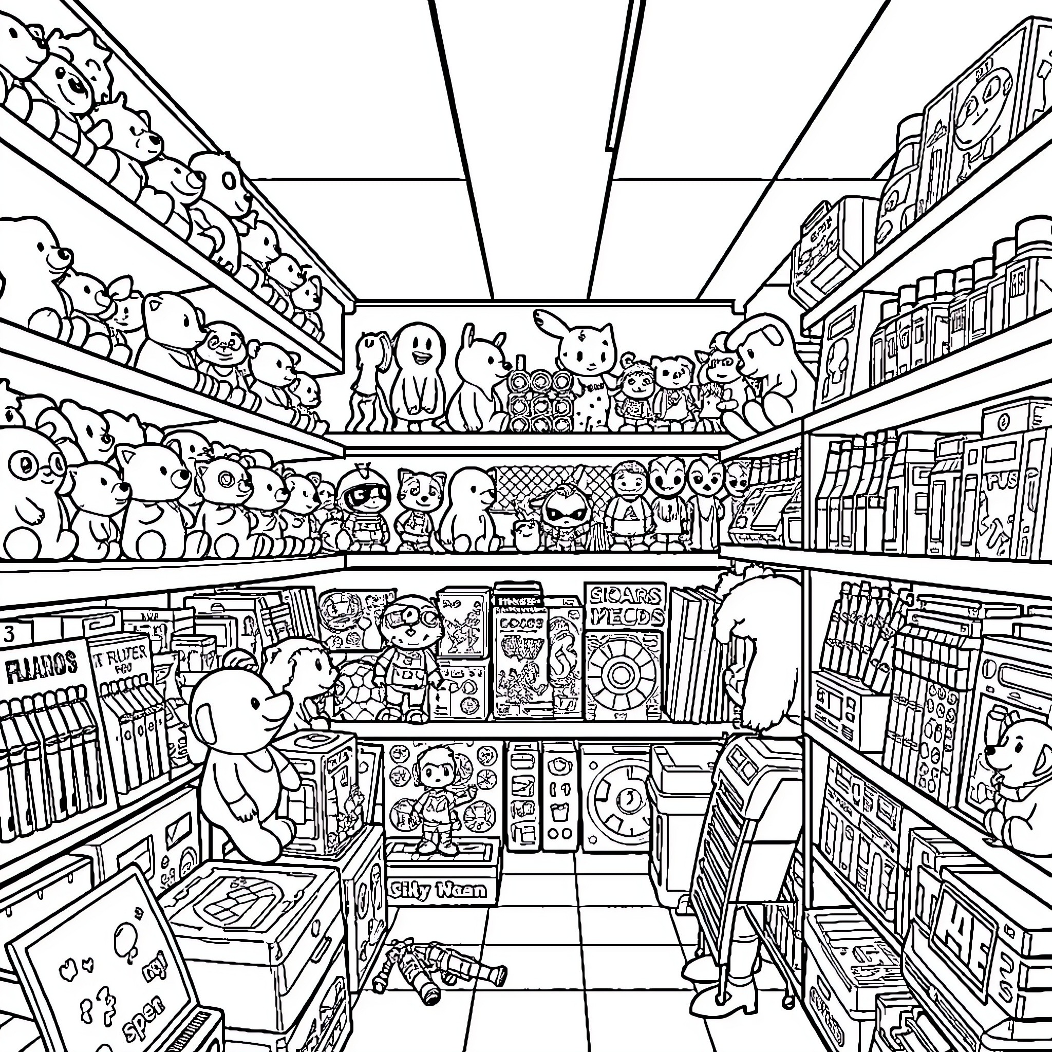 Toy Shop Filled with Variety of Playful Creatures Coloring Page (free black-and-white line drawing printable PDF for all, from beginners to advanced learners, including children, teens, adults, and seniors)