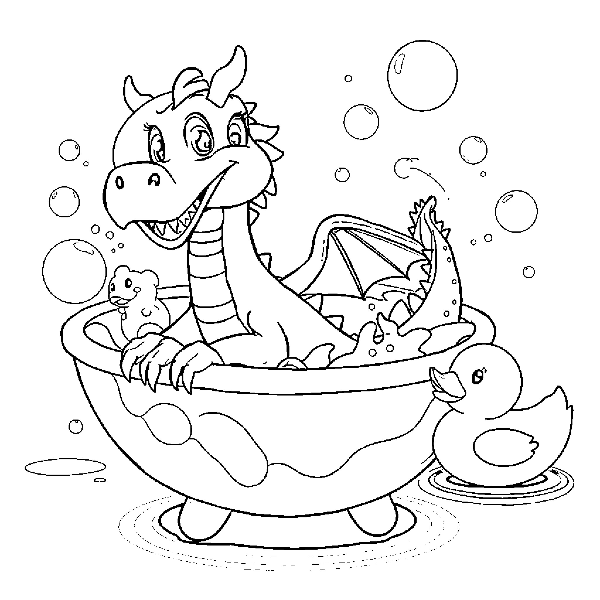 Dragon enjoying a relaxing bubble bath Coloring Page (free black-and-white line drawing printable PDF for all, from beginners to advanced learners, including children, teens, adults, and seniors)