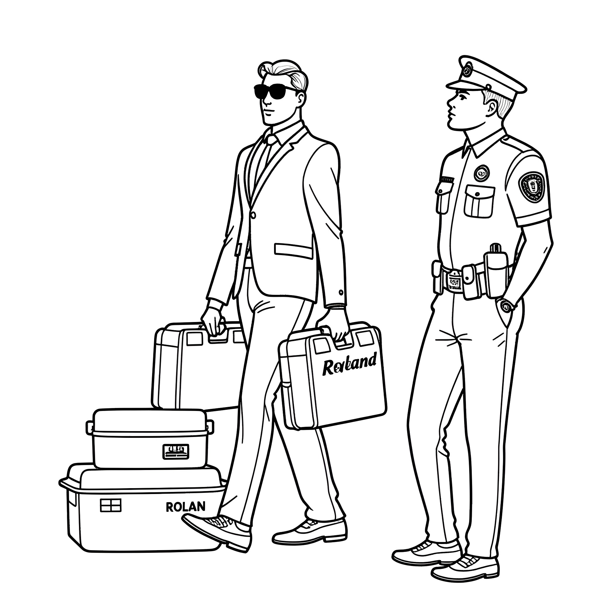 Man with luggage at airport security checkpoint Coloring Page (free black-and-white line drawing printable PDF for all, from beginners to advanced learners, including children, teens, adults, and seniors)