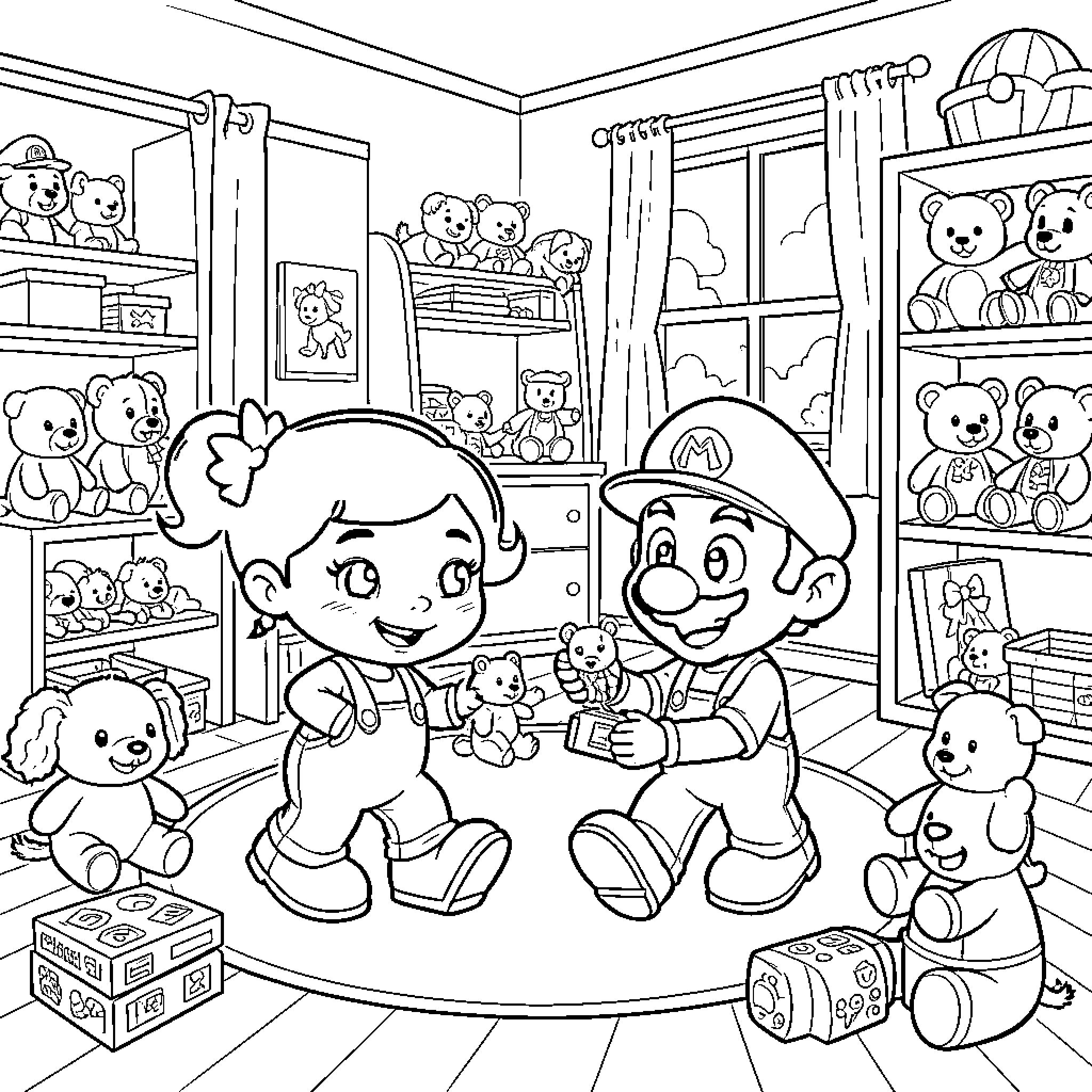 Doc McStuffins and friend playing with teddy bears Coloring Page (free black-and-white line drawing printable PDF for all, from beginners to advanced learners, including children, teens, adults, and seniors)