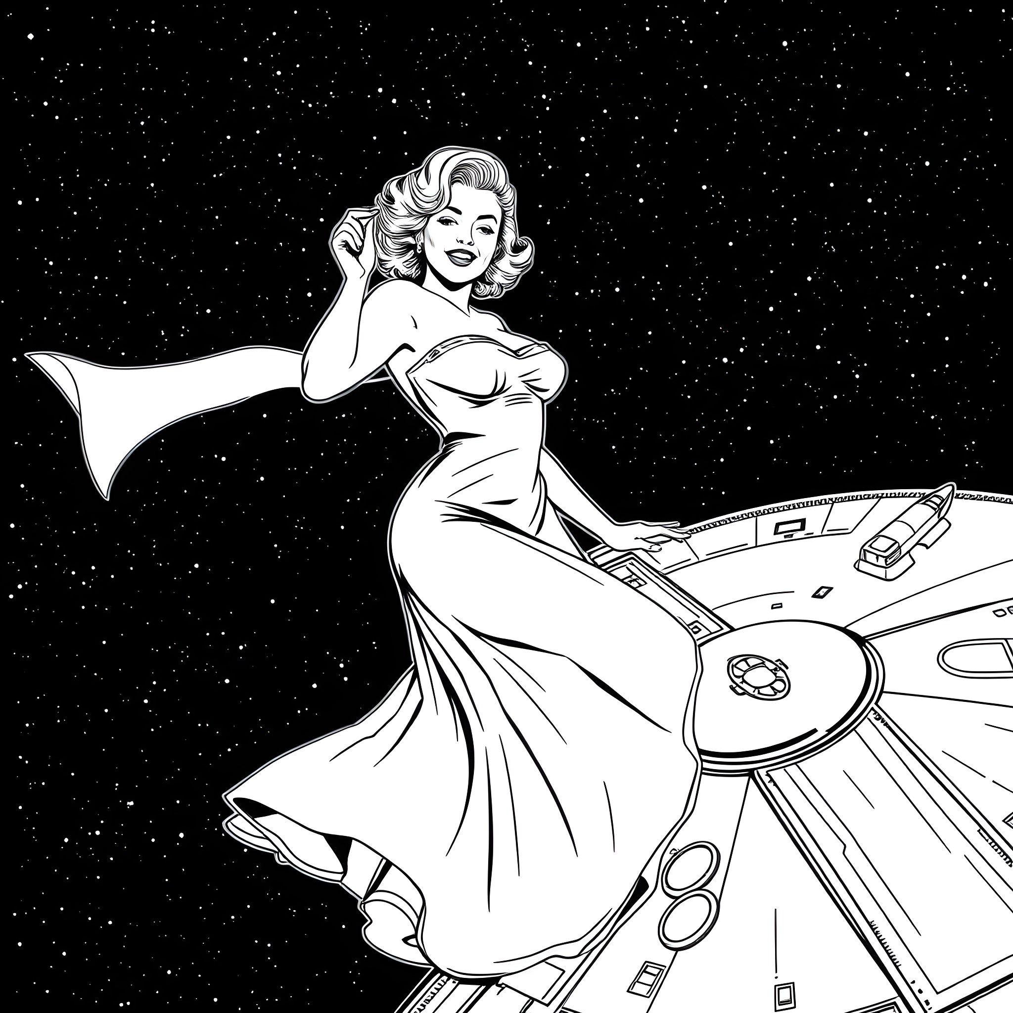Marilyn Monroe posing in a futuristic space scene Coloring Page (free black-and-white line drawing printable PDF for all, from beginners to advanced learners, including children, teens, adults, and seniors)