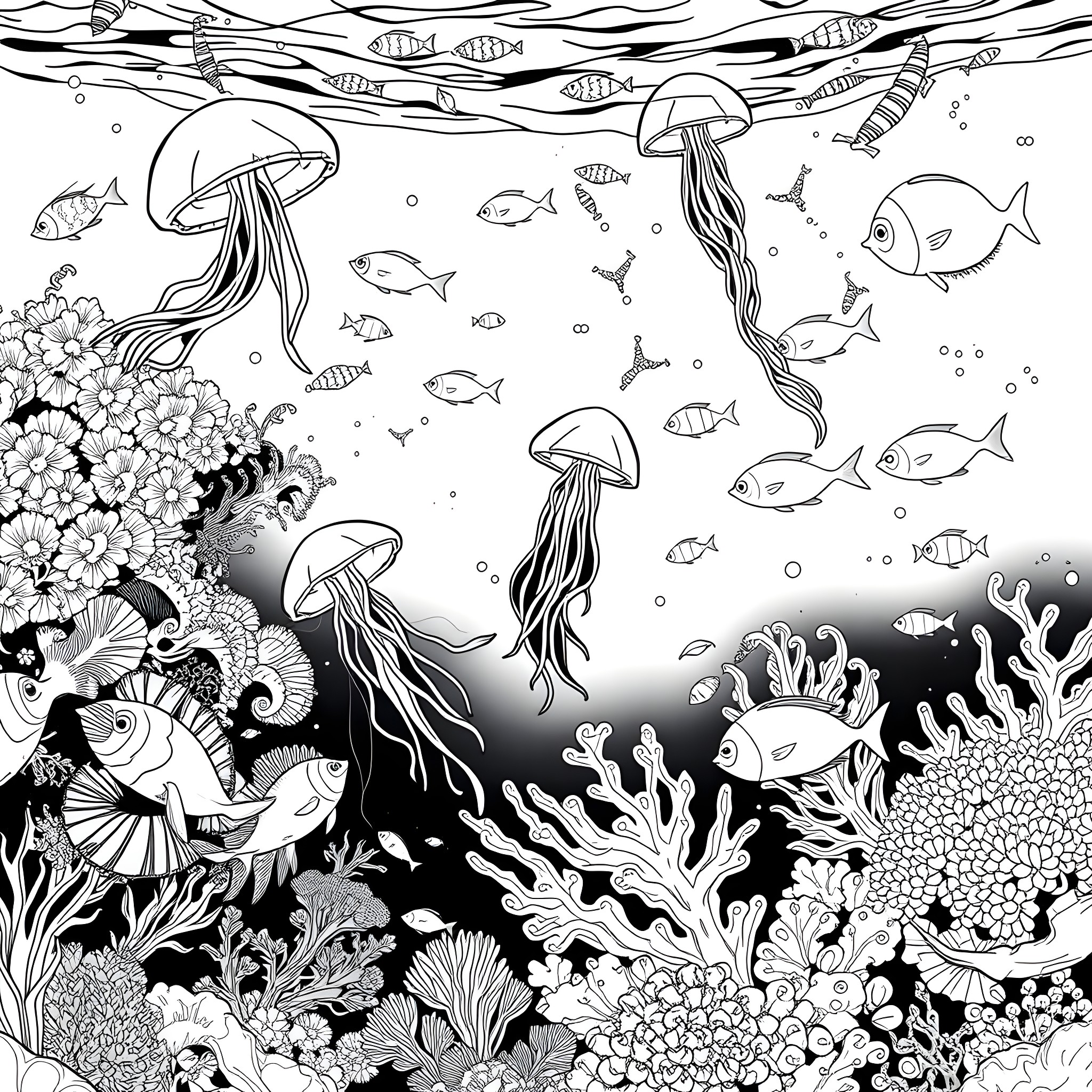 Jellyfish Floating in the Underwater Wonderland Coloring Page (free black-and-white line drawing printable PDF for all, from beginners to advanced learners, including children, teens, adults, and seniors)