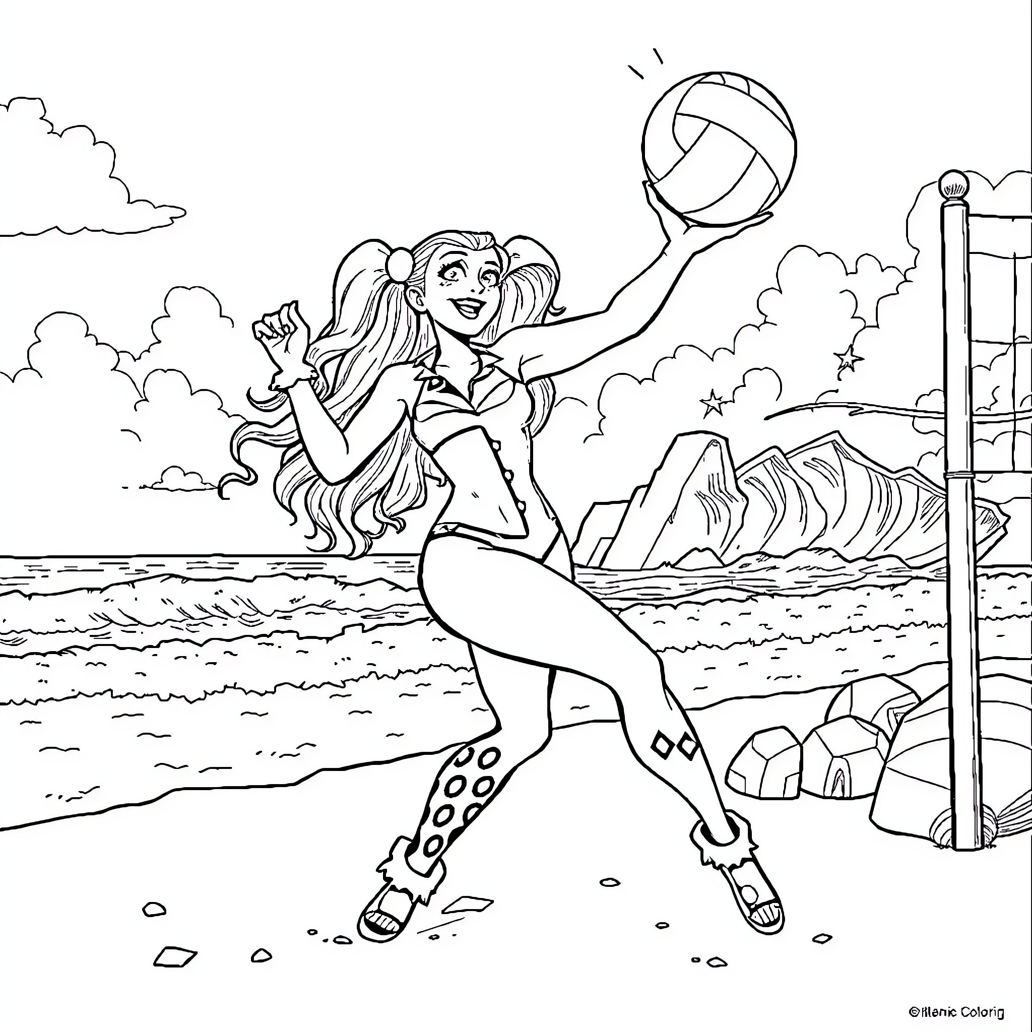 Harley Quinn playing volleyball at the beach Coloring Page (free black-and-white line drawing printable PDF for all, from beginners to advanced learners, including children, teens, adults, and seniors)