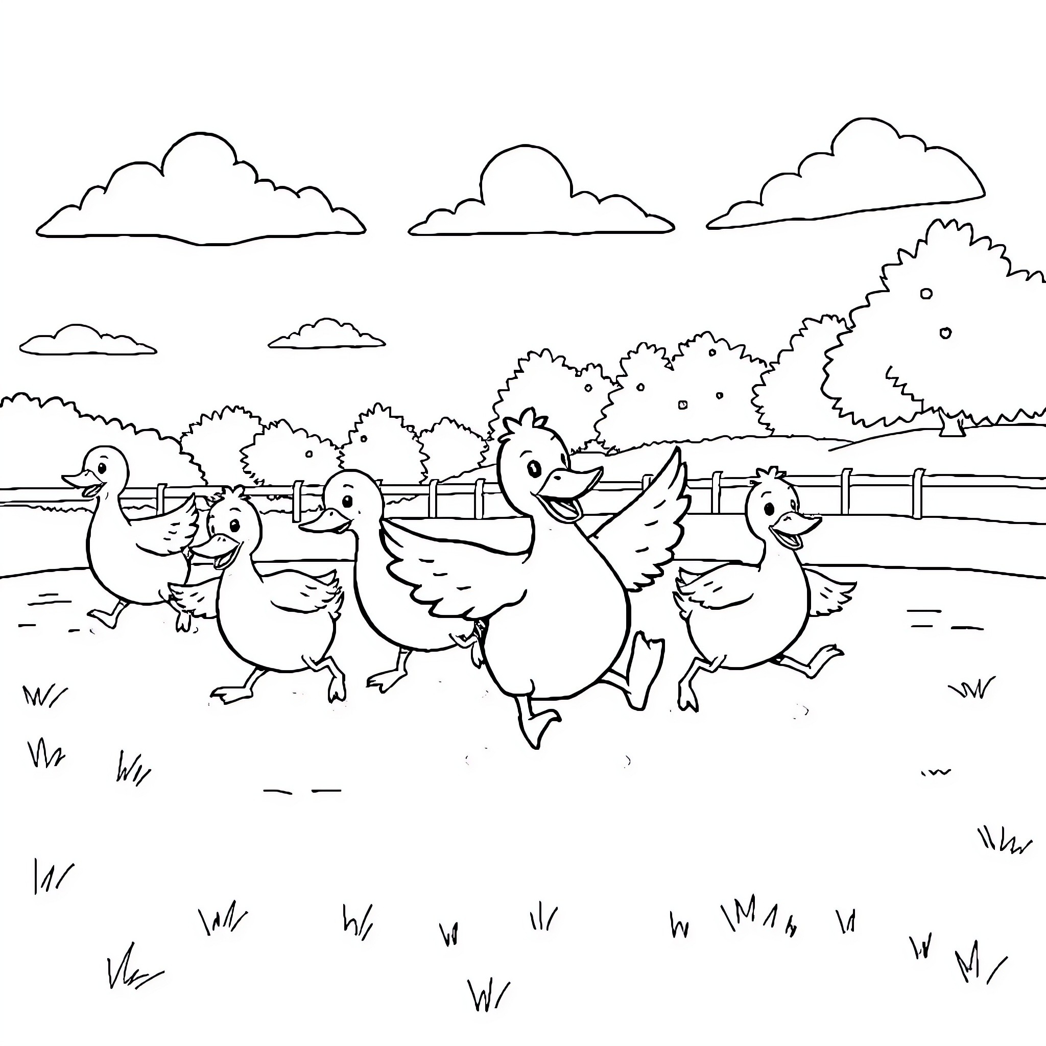 Ducks happily waddling in a rural landscape Coloring Page (free black-and-white line drawing printable PDF for all, from beginners to advanced learners, including children, teens, adults, and seniors)