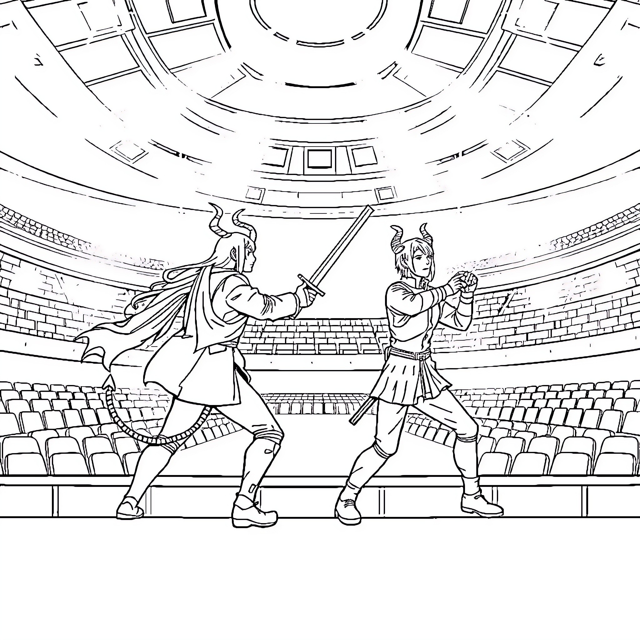 Demon Hunters Battle in Colosseum Arena Coloring Page (free black-and-white line drawing printable PDF for all, from beginners to advanced learners, including children, teens, adults, and seniors)