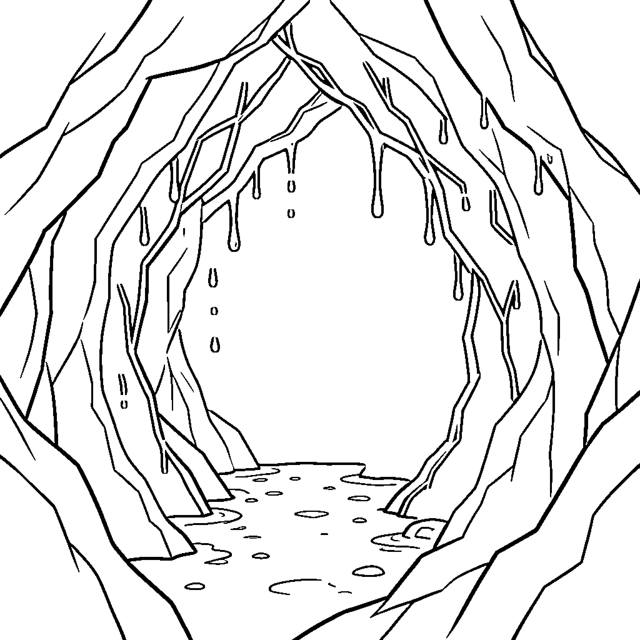 Cave Entrance with Dripping Formations Coloring Page (free black-and-white line drawing printable PDF for all, from beginners to advanced learners, including children, teens, adults, and seniors)