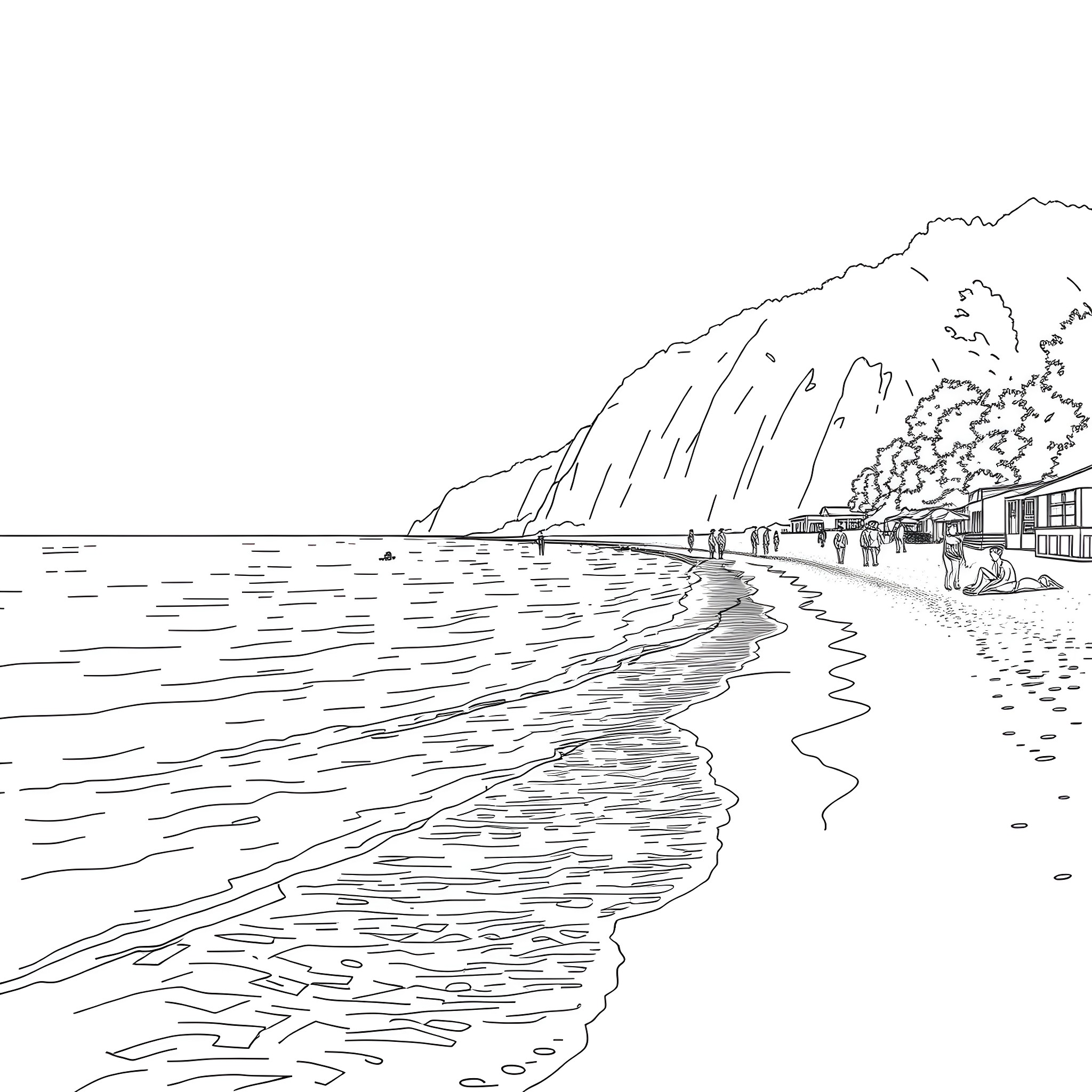 Hülged Beach Scenery with Coastal Homes Coloring Page (free black-and-white line drawing printable PDF for all, from beginners to advanced learners, including children, teens, adults, and seniors)