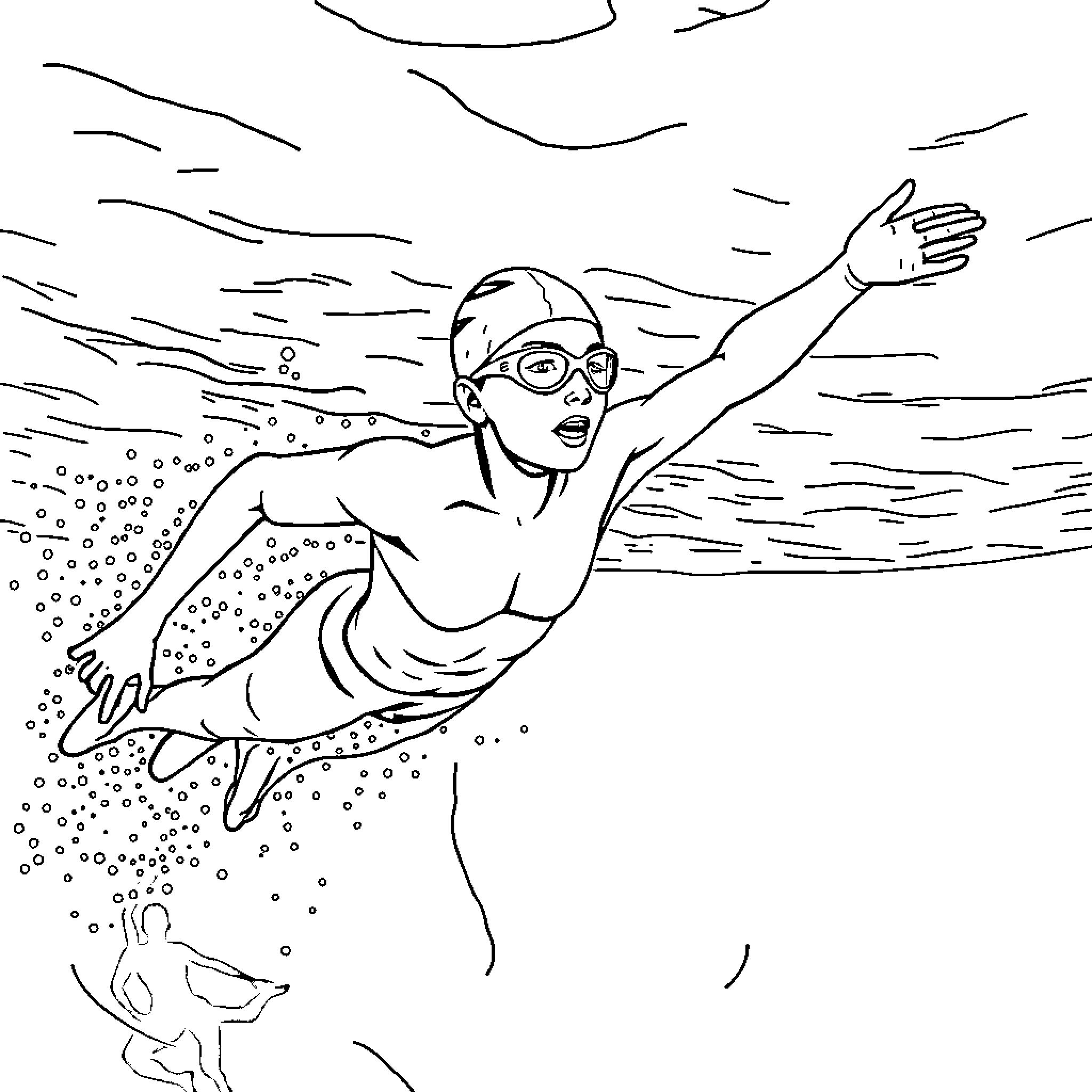 Swimming person joyfully splashing in the water Coloring Page (free black-and-white line drawing printable PDF for all, from beginners to advanced learners, including children, teens, adults, and seniors)