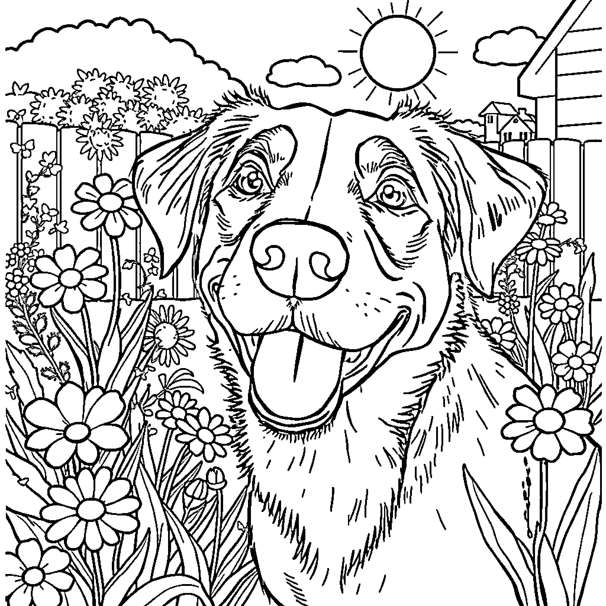 Dog relaxing in a sunny floral garden Coloring Page (free black-and-white line drawing printable PDF for all, from beginners to advanced learners, including children, teens, adults, and seniors)