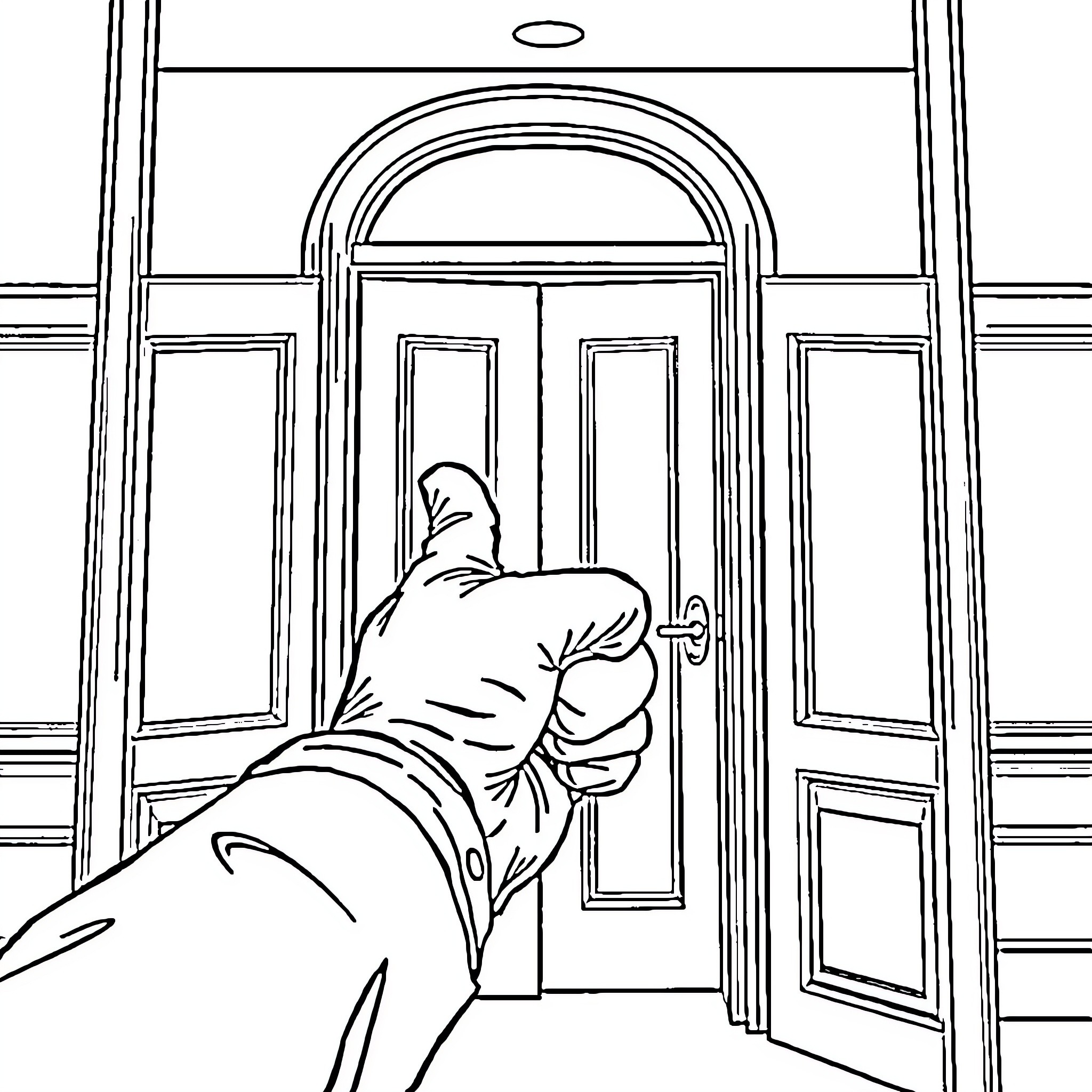 Glove opening a door to a building Coloring Page (free black-and-white line drawing printable PDF for all, from beginners to advanced learners, including children, teens, adults, and seniors)