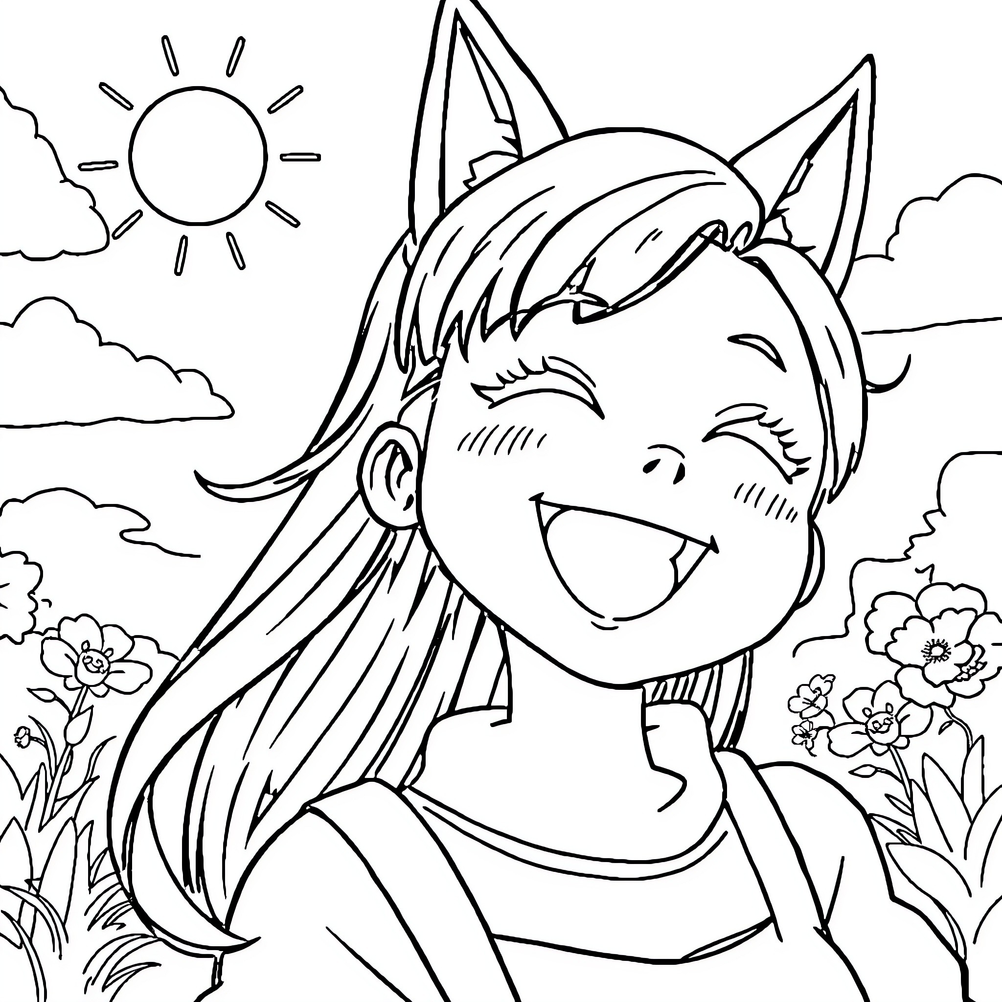 Nezuko's Joyful Outdoor Adventure Coloring Page (free black-and-white line drawing printable PDF for all, from beginners to advanced learners, including children, teens, adults, and seniors)