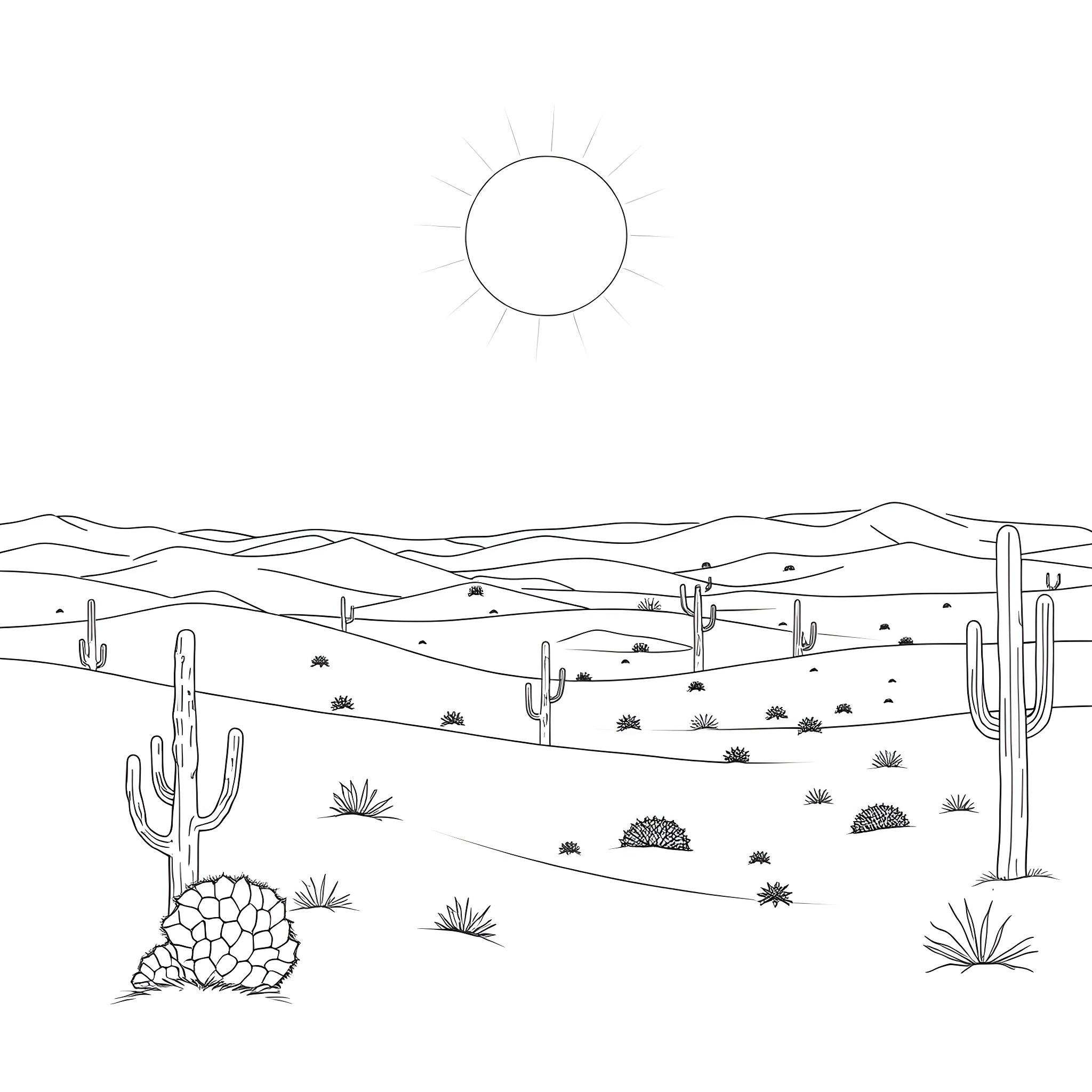 Desert landscape with cacti and mountains Coloring Page (free black-and-white line drawing printable PDF for all, from beginners to advanced learners, including children, teens, adults, and seniors)