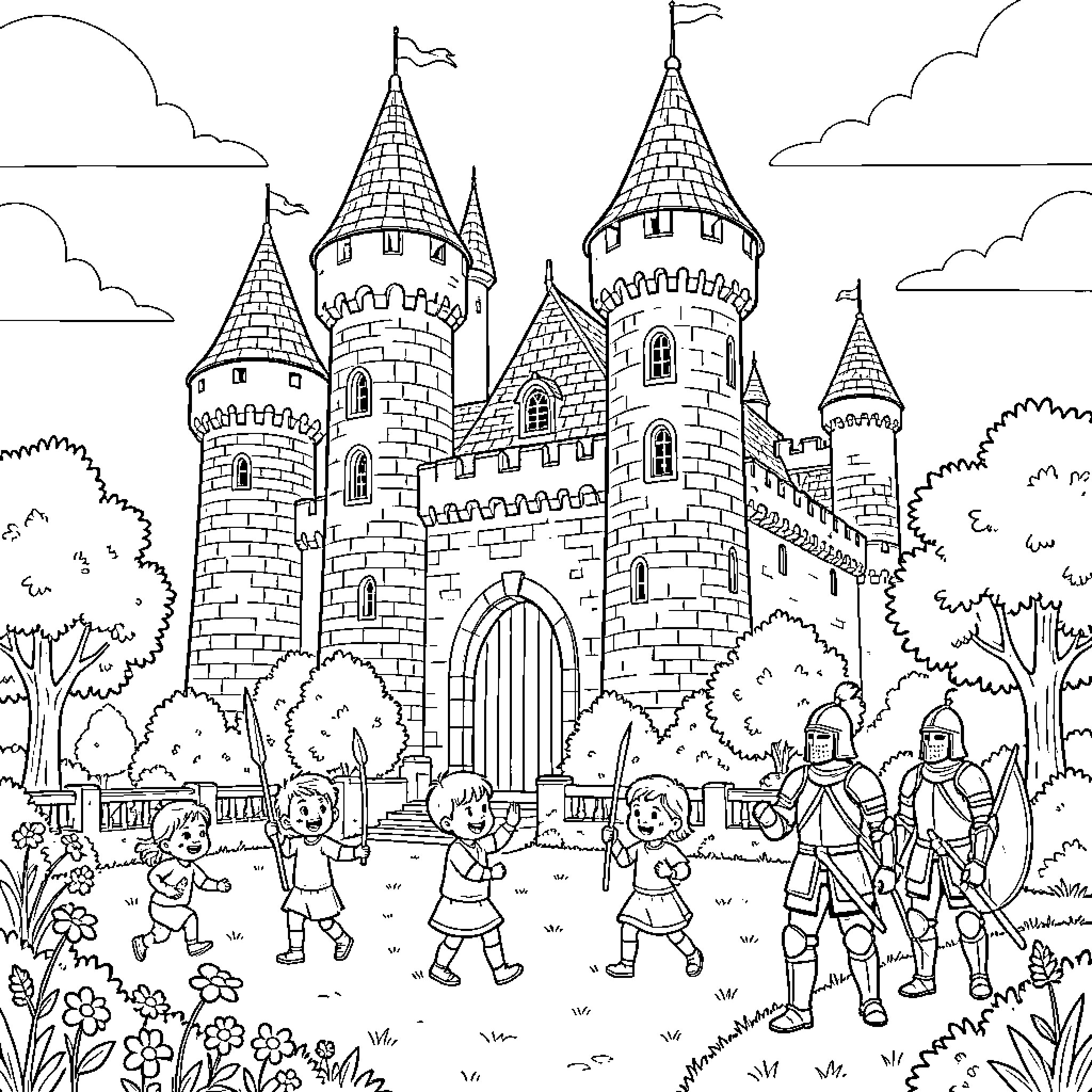 Castle of fantasy adventure and exploration Coloring Page (free black-and-white line drawing printable PDF for all, from beginners to advanced learners, including children, teens, adults, and seniors)