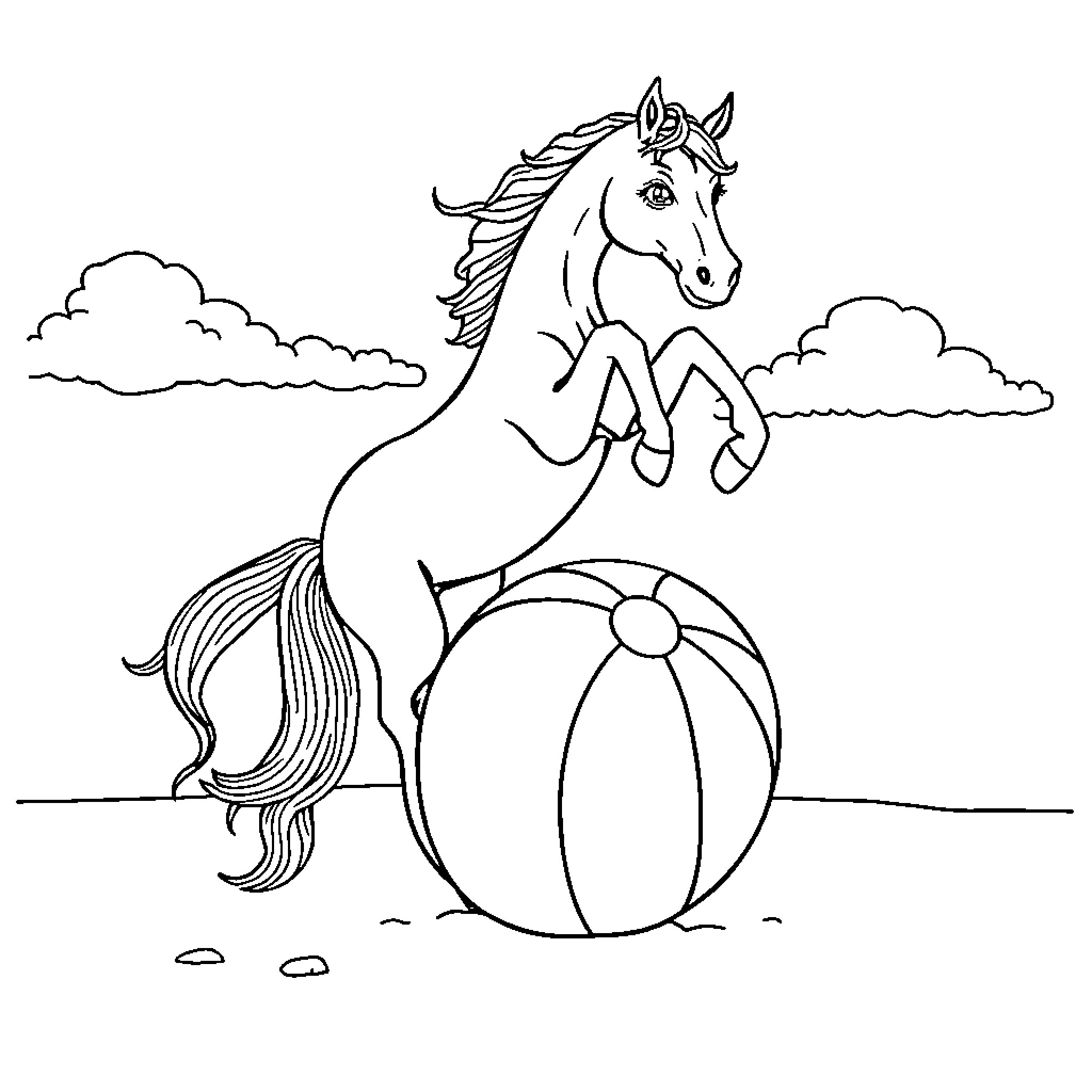 Horse playing with beach ball in the clouds Coloring Page (free black-and-white line drawing printable PDF for all, from beginners to advanced learners, including children, teens, adults, and seniors)