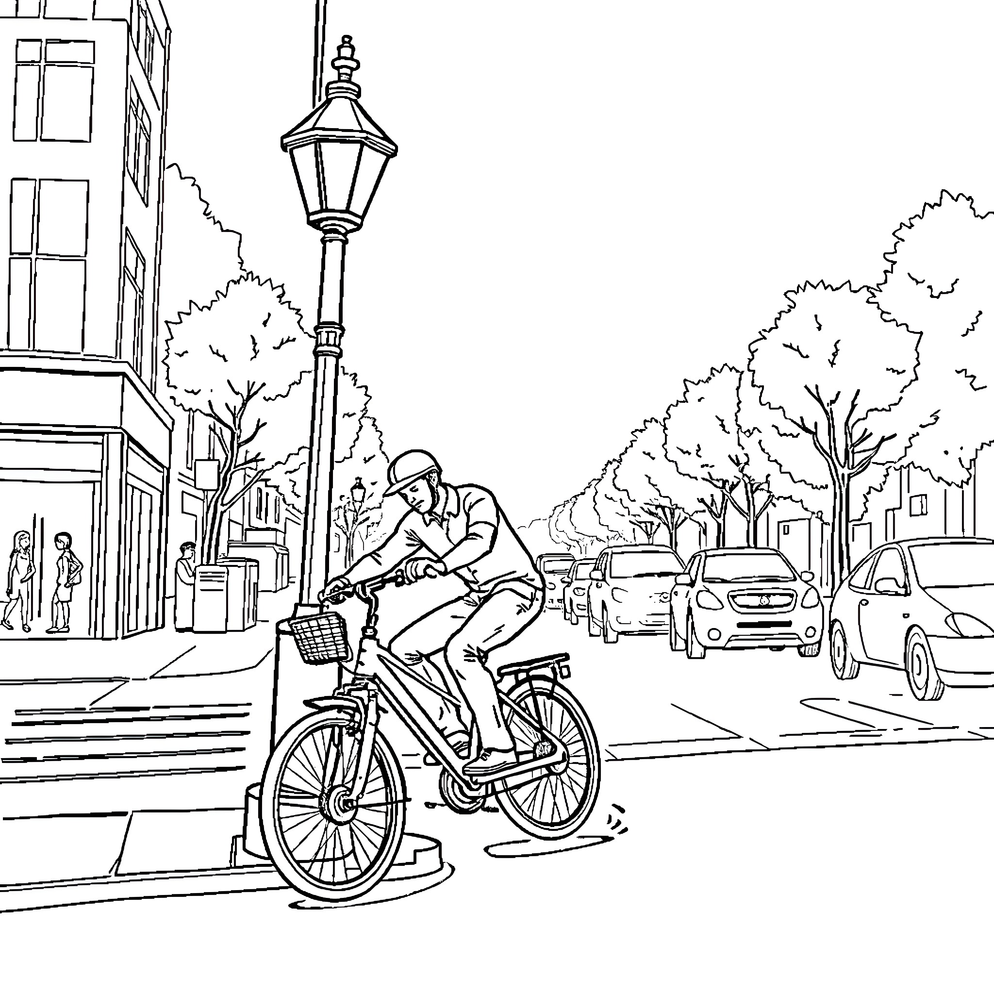 Man riding bicycle on city street Coloring Page (free black-and-white line drawing printable PDF for all, from beginners to advanced learners, including children, teens, adults, and seniors)