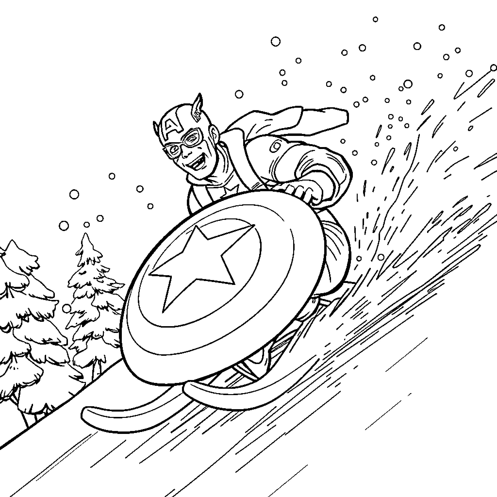Captain America Sledding Down a Snowy Hill Coloring Page (free black-and-white line drawing printable PDF for all, from beginners to advanced learners, including children, teens, adults, and seniors)