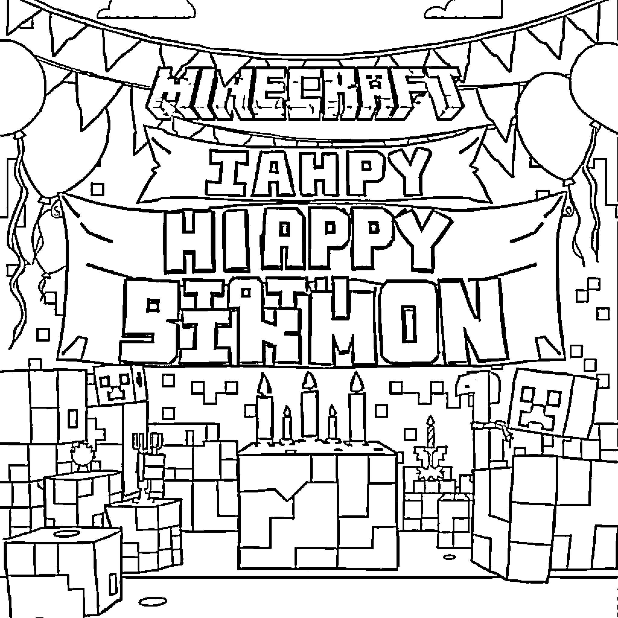Minecraft Happy Birthday Celebration Coloring Page (free black-and-white line drawing printable PDF for all, from beginners to advanced learners, including children, teens, adults, and seniors)