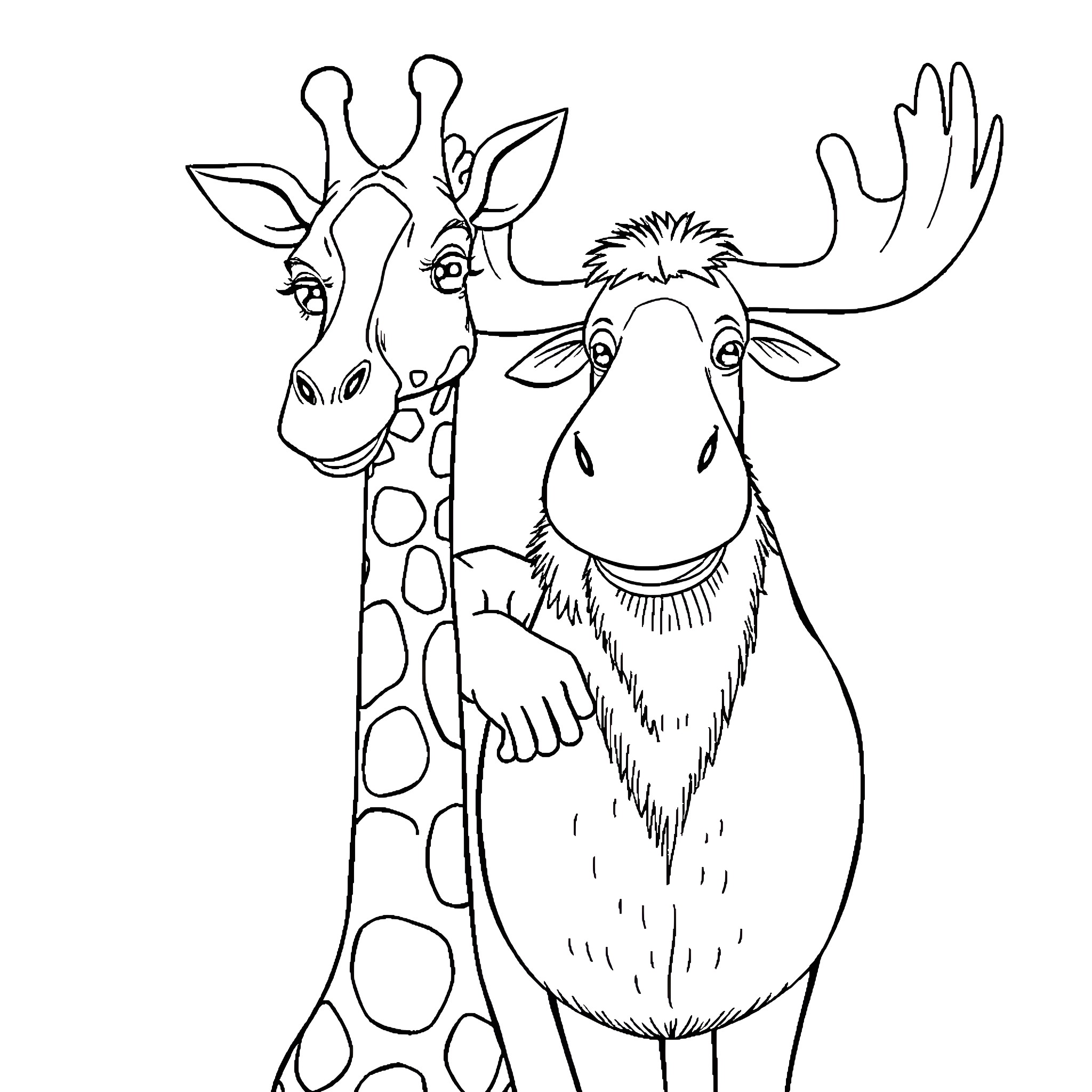 Giraffe and Moose Sharing a Playful Moment Coloring Page (free black-and-white line drawing printable PDF for all, from beginners to advanced learners, including children, teens, adults, and seniors)