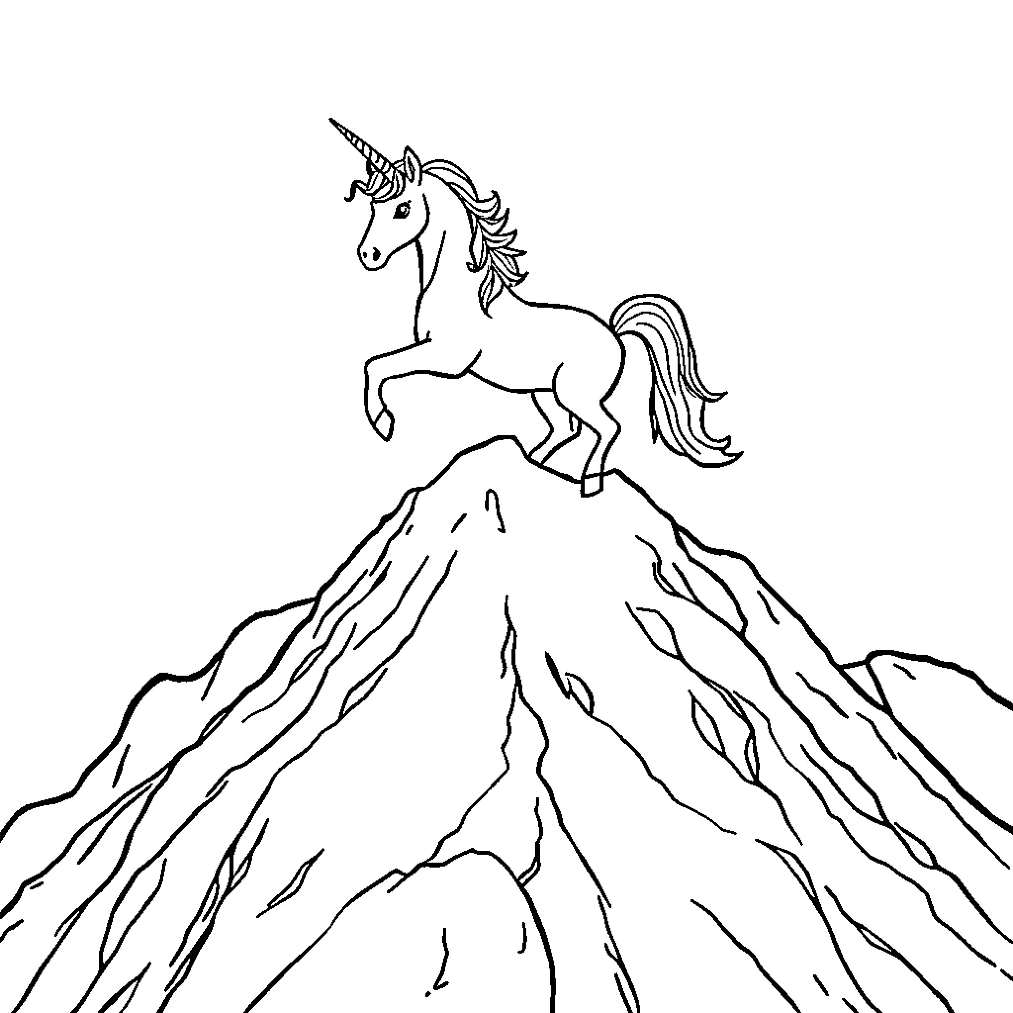 Unicorn standing tall on a snowy mountain peak Coloring Page (free black-and-white line drawing printable PDF for all, from beginners to advanced learners, including children, teens, adults, and seniors)