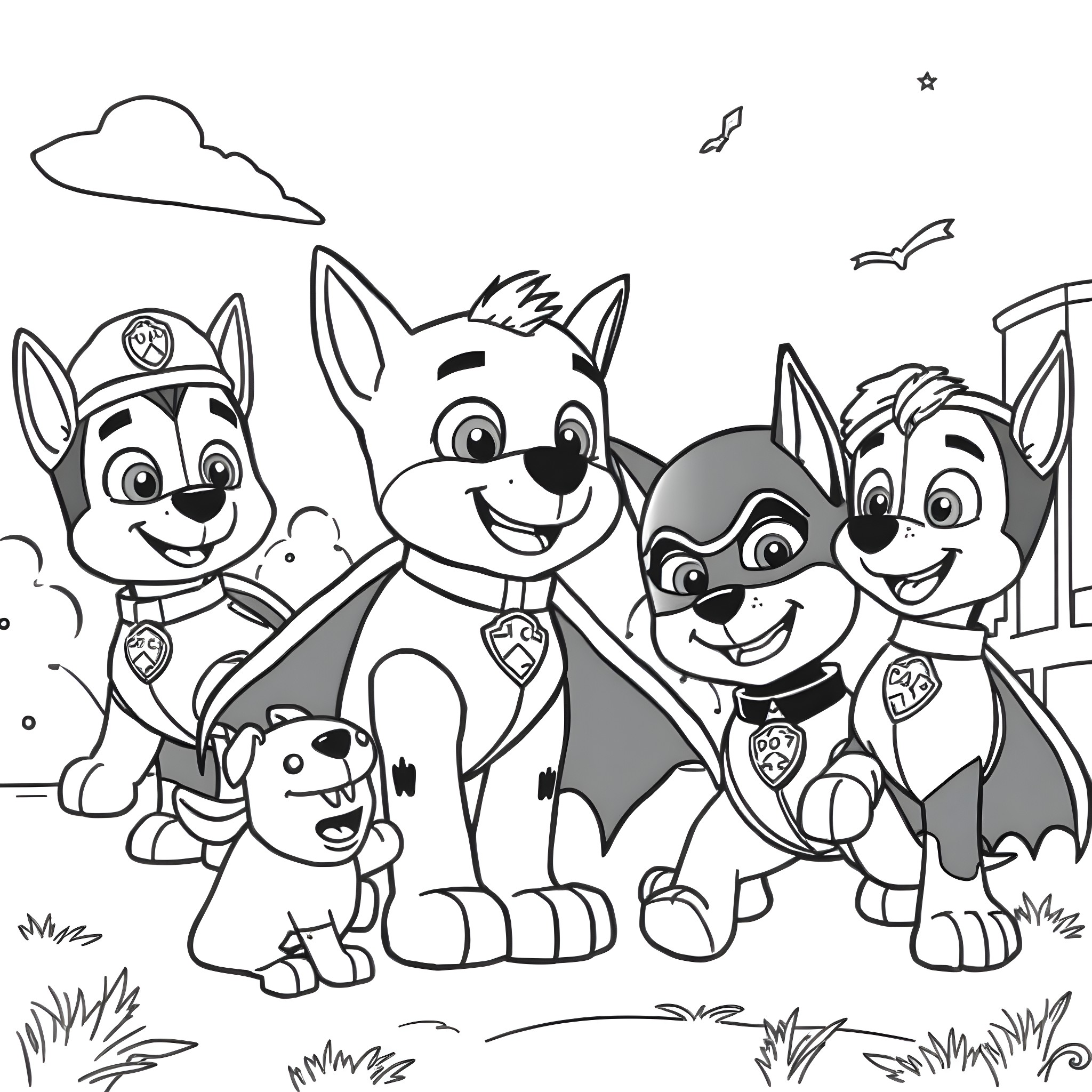 Paw Patrol Puppies Exploring the Outdoors Coloring Page (free black-and-white line drawing printable PDF for all, from beginners to advanced learners, including children, teens, adults, and seniors)