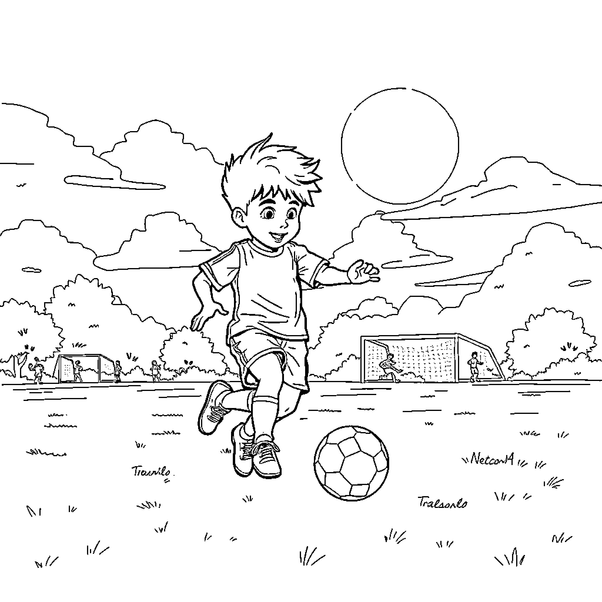 Tralalero Boy kicking soccer ball on field Coloring Page (free black-and-white line drawing printable PDF for all, from beginners to advanced learners, including children, teens, adults, and seniors)