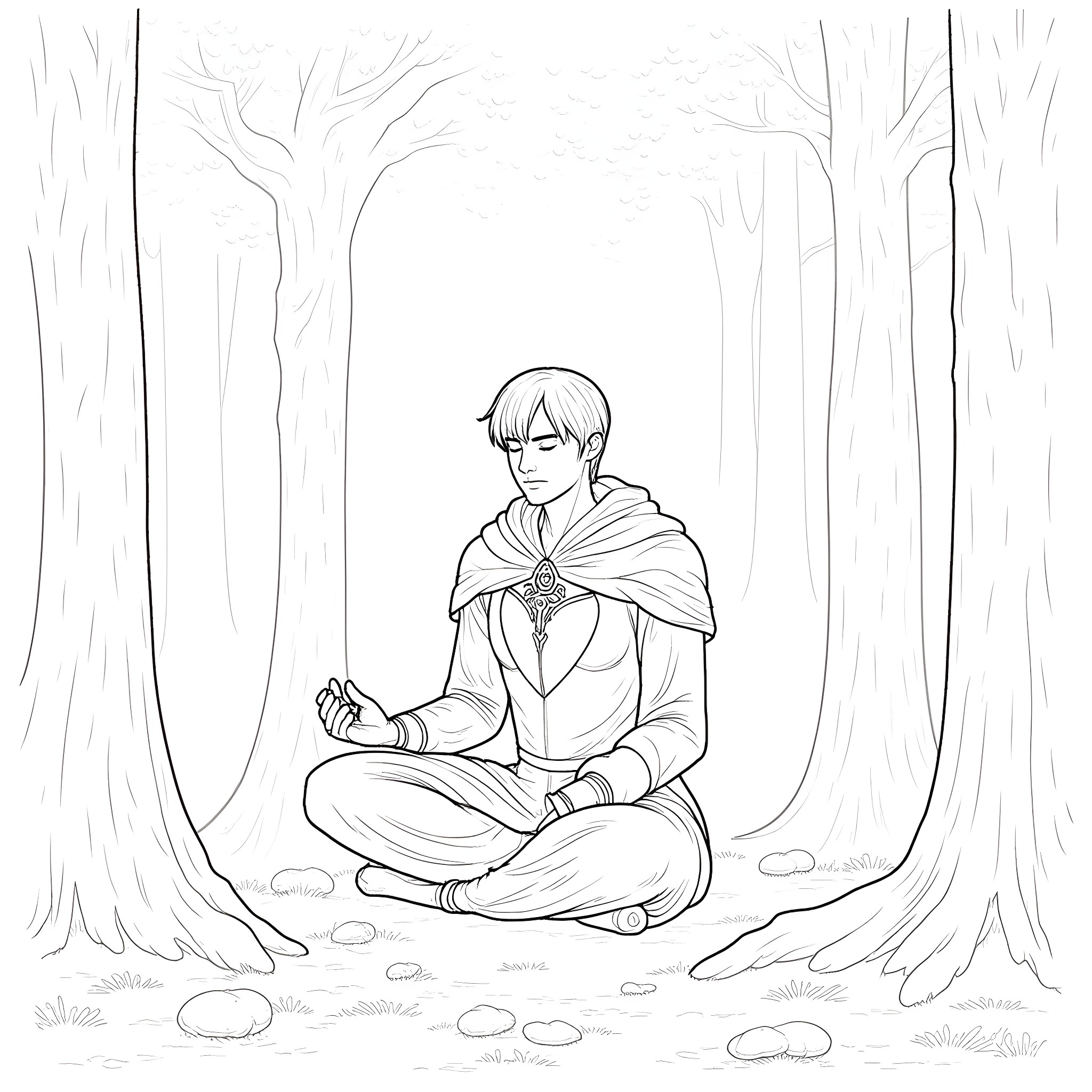 Shadowheart meditating in the serene forest Coloring Page (free black-and-white line drawing printable PDF for all, from beginners to advanced learners, including children, teens, adults, and seniors)
