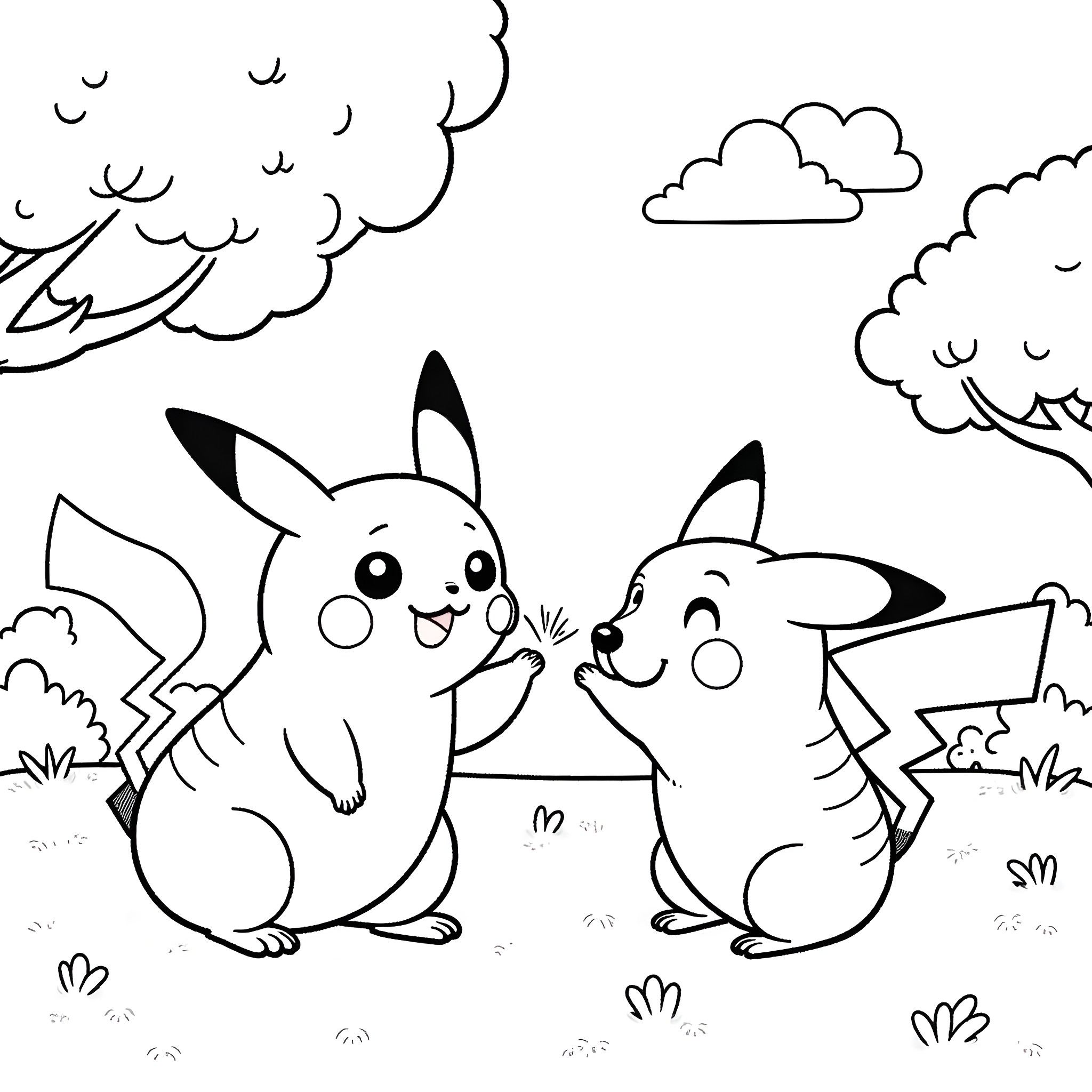 Pikachu playing with other Pokemon characters in the night Coloring Page (free black-and-white line drawing printable PDF for all, from beginners to advanced learners, including children, teens, adults, and seniors)