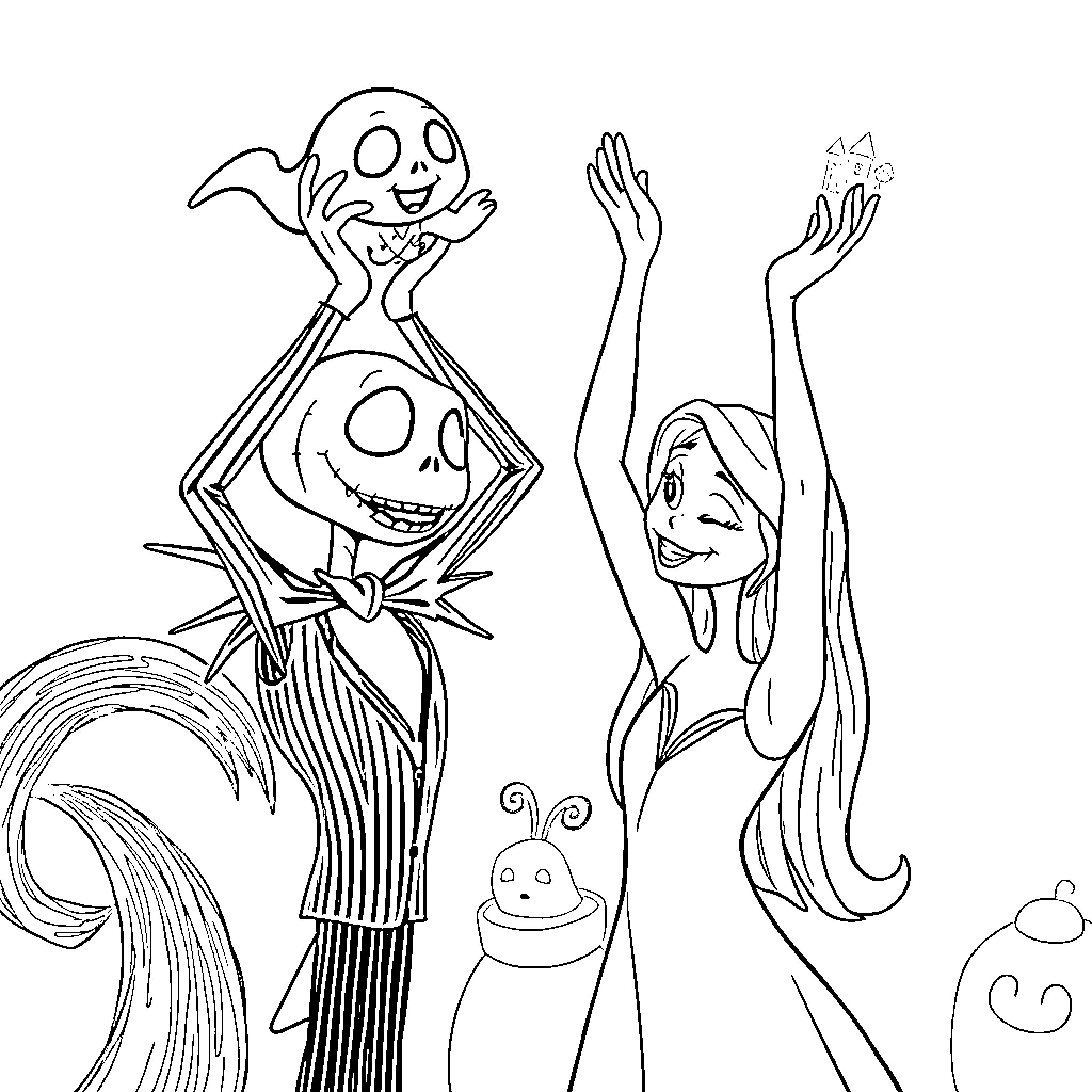 Jack Skellington interacts with cheerful characters in a whimsical scene Coloring Page (free black-and-white line drawing printable PDF for all, from beginners to advanced learners, including children, teens, adults, and seniors)