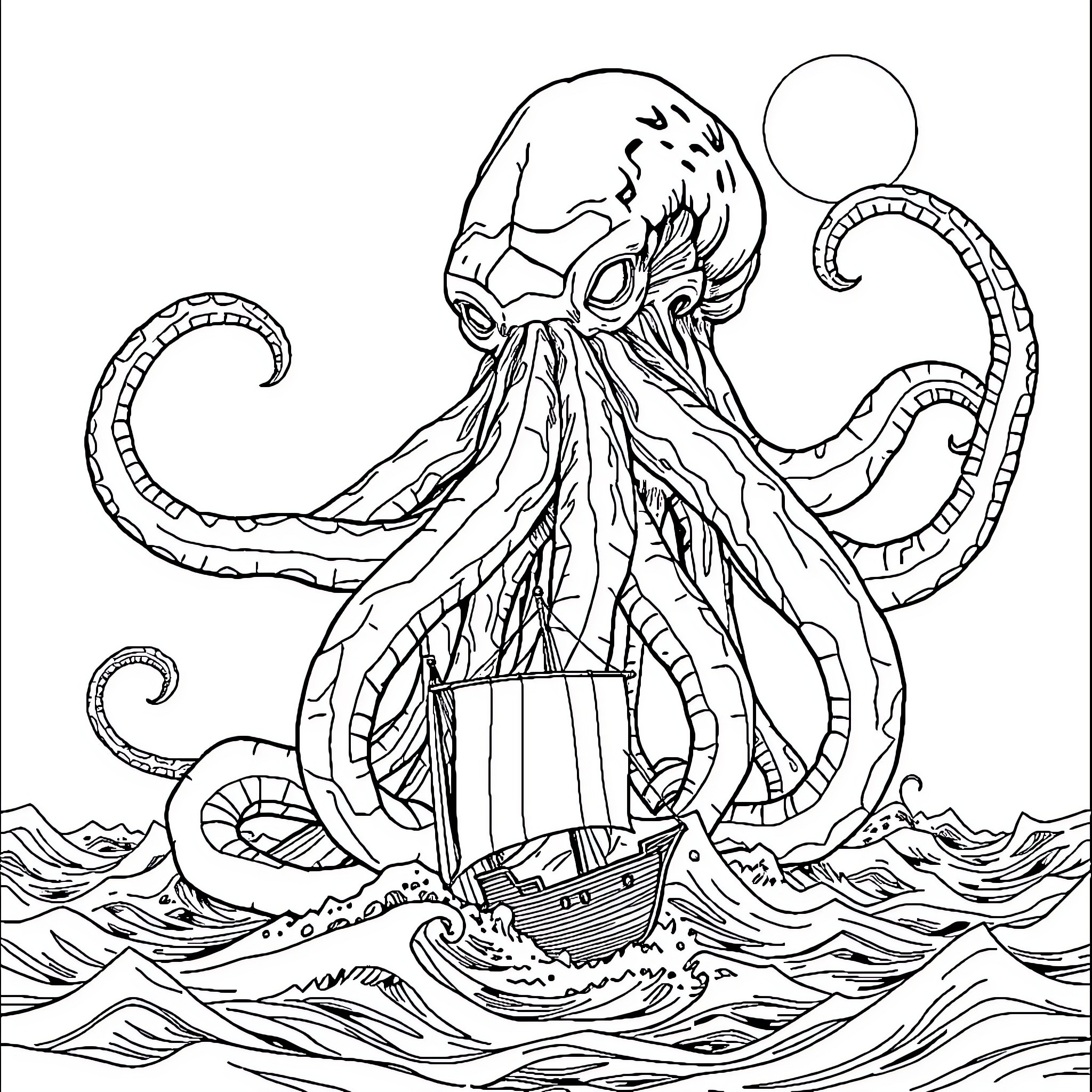 Cthulhu Unleashes Oceanic Chaos upon Unsuspecting Vessel Coloring Page (free black-and-white line drawing printable PDF for all, from beginners to advanced learners, including children, teens, adults, and seniors)