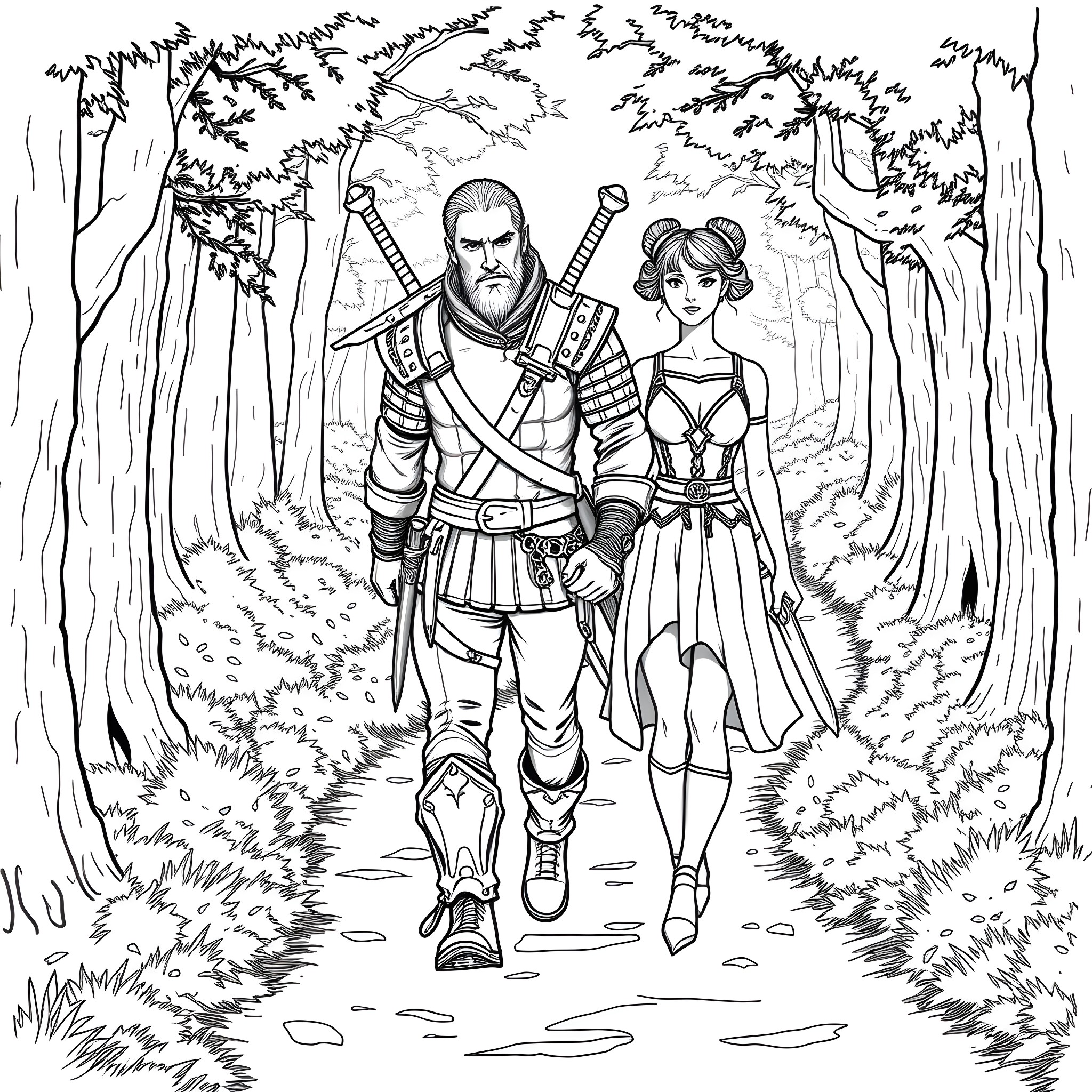 Geralt and Yennefer on a Journey through the Forest Coloring Page (free black-and-white line drawing printable PDF for all, from beginners to advanced learners, including children, teens, adults, and seniors)