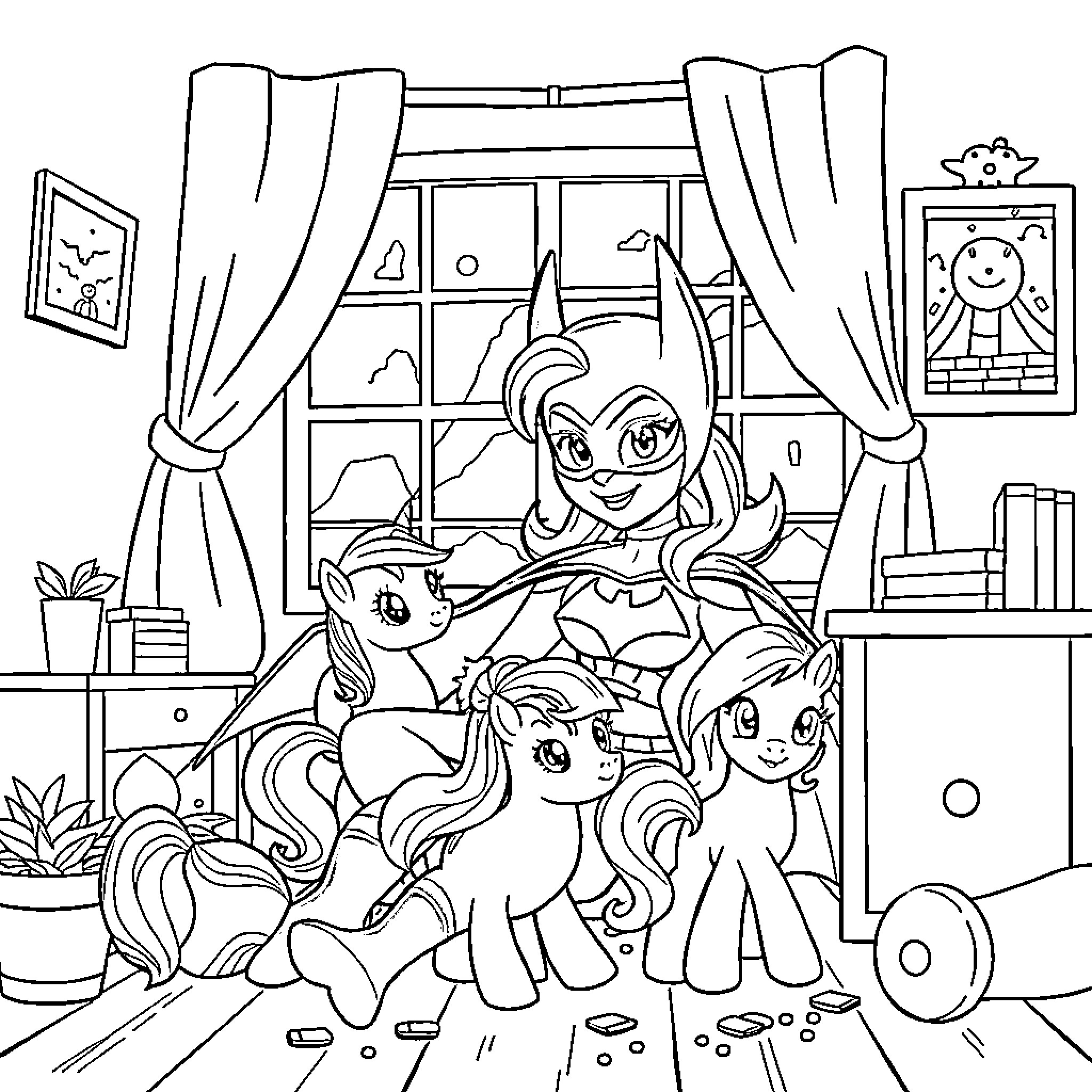 Batgirl interacting with cartoon ponies in bedroom Coloring Page (free black-and-white line drawing printable PDF for all, from beginners to advanced learners, including children, teens, adults, and seniors)