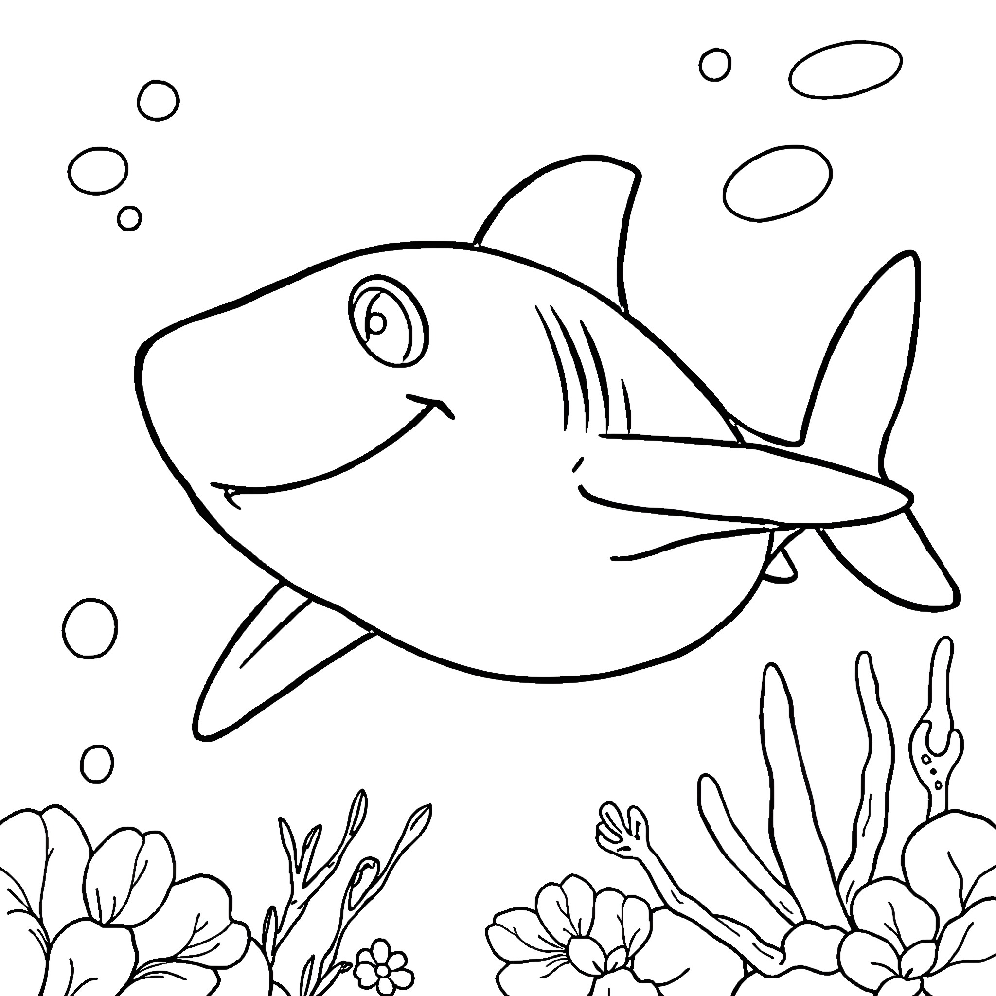 Shark swimming happily in the underwater garden Coloring Page (free black-and-white line drawing printable PDF for all, from beginners to advanced learners, including children, teens, adults, and seniors)