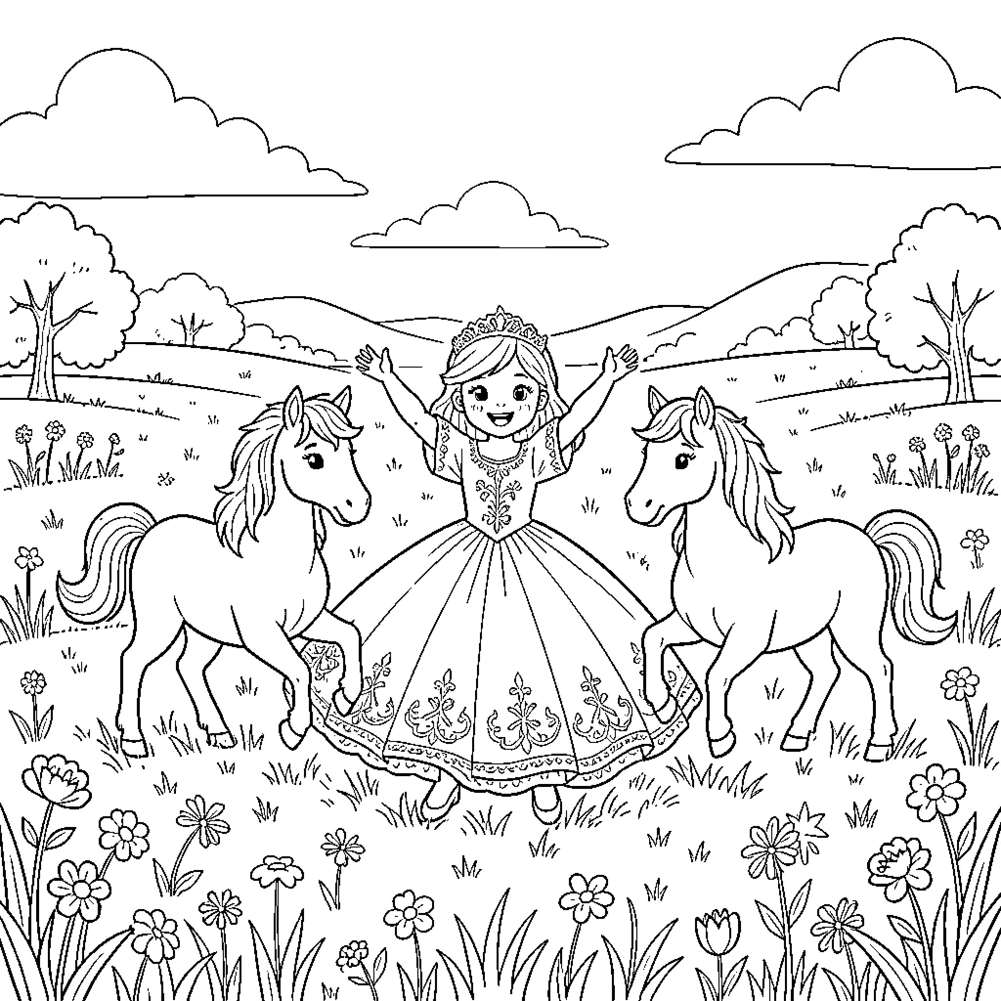 Princess dancing joyfully between two horses in a meadow Coloring Page (free black-and-white line drawing printable PDF for all, from beginners to advanced learners, including children, teens, adults, and seniors)
