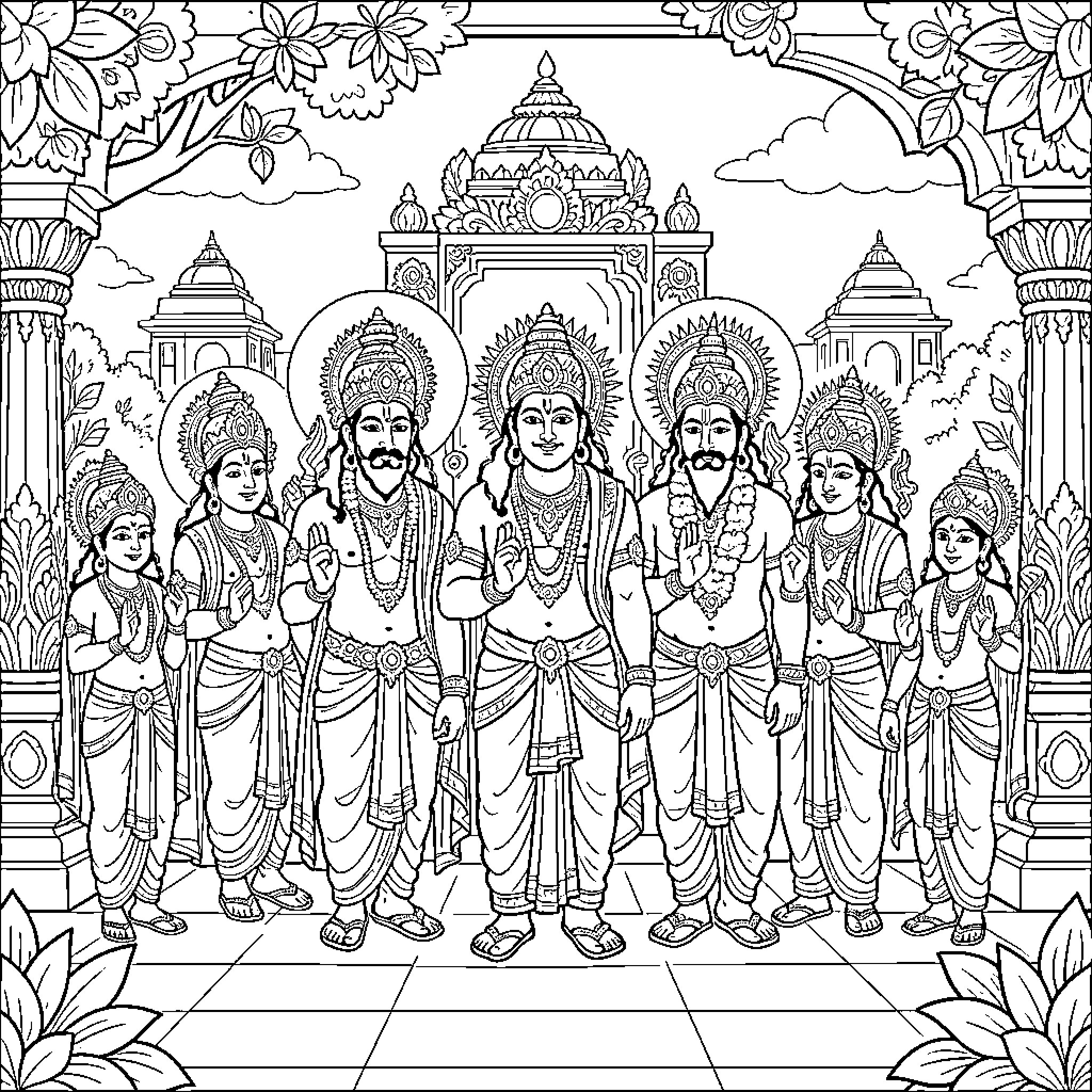 Indian God standing in a divine assembly Coloring Page (free black-and-white line drawing printable PDF for all, from beginners to advanced learners, including children, teens, adults, and seniors)