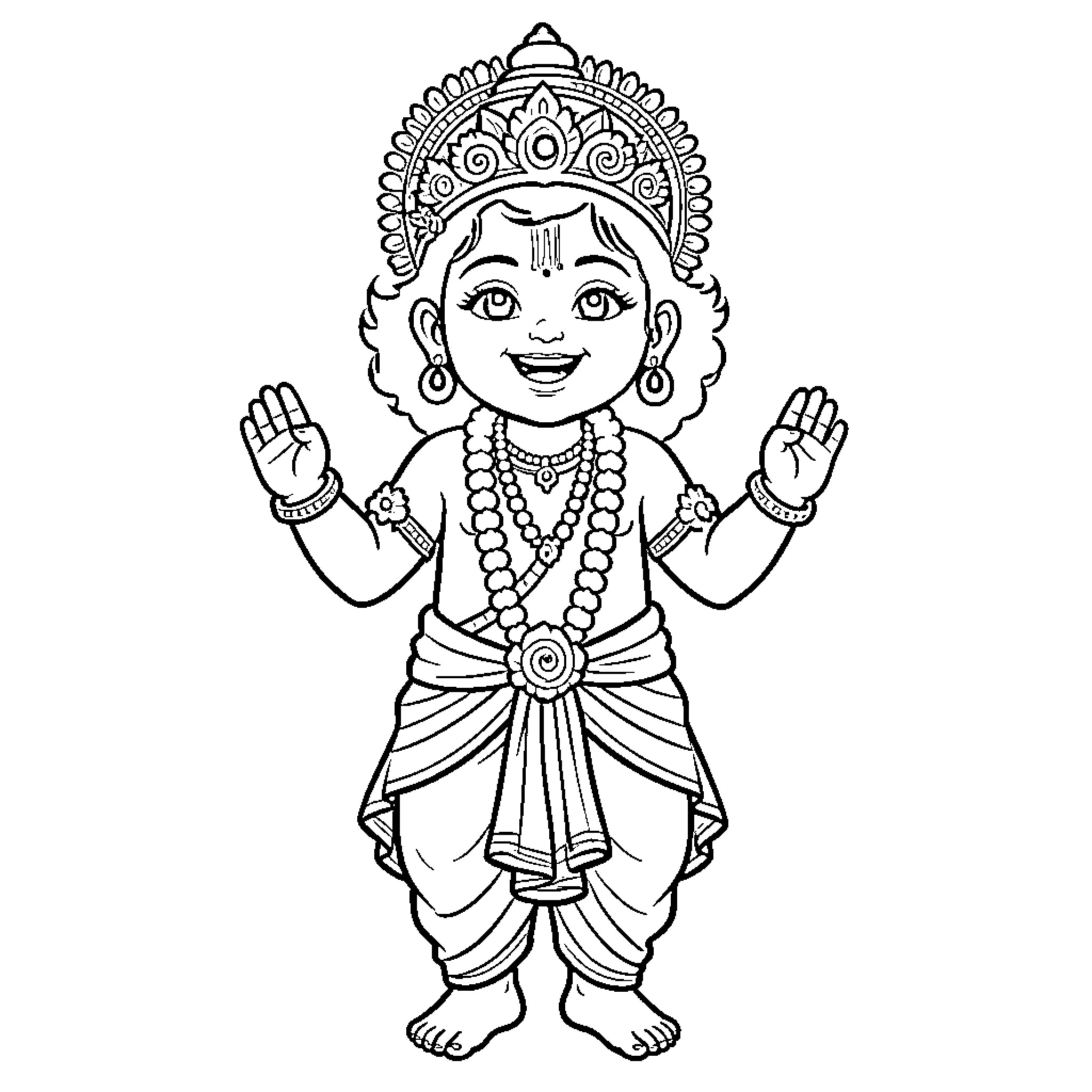 Krishna in joyful dance pose with ornate attire Coloring Page (free black-and-white line drawing printable PDF for all, from beginners to advanced learners, including children, teens, adults, and seniors)