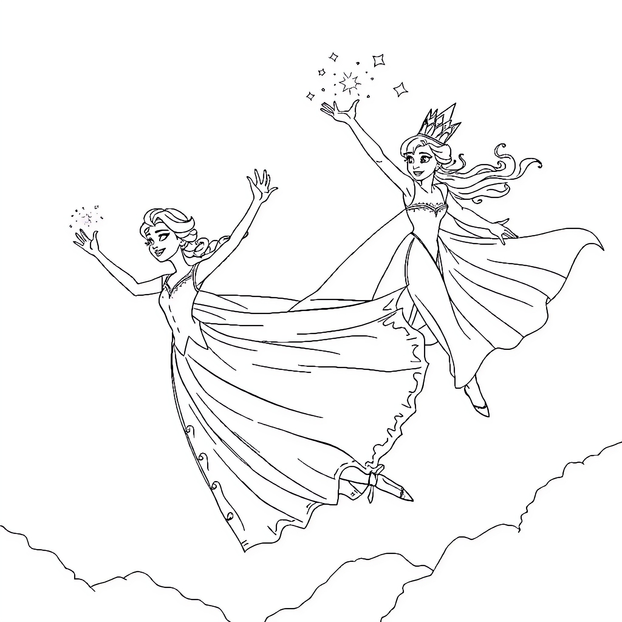 Elsa and Anna Performing Magical Dance in the Sky Coloring Page (free black-and-white line drawing printable PDF for all, from beginners to advanced learners, including children, teens, adults, and seniors)