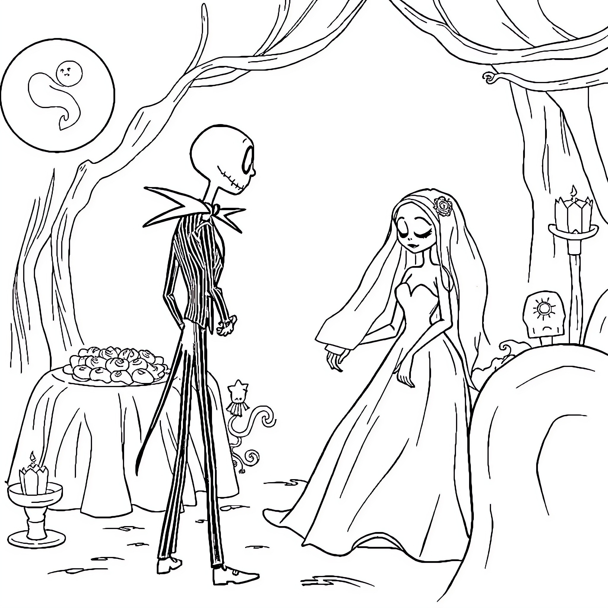 Jack and Sally's Enchanting Encounter Coloring Page (free black-and-white line drawing printable PDF for all, from beginners to advanced learners, including children, teens, adults, and seniors)