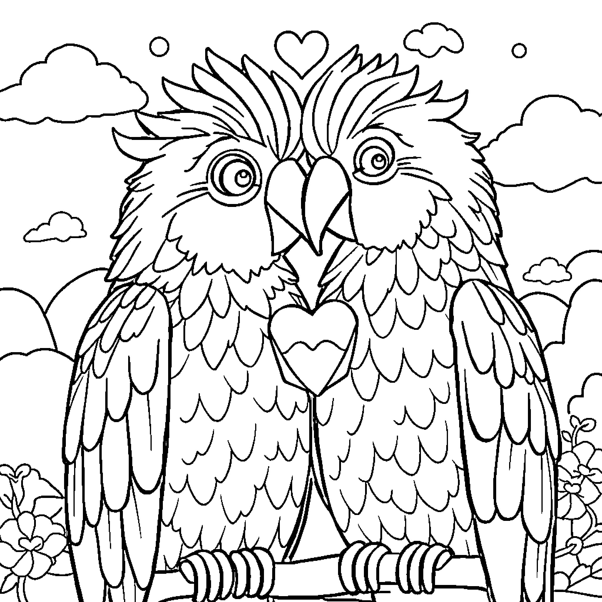Loro couple embracing with hearts in the sky Coloring Page (free black-and-white line drawing printable PDF for all, from beginners to advanced learners, including children, teens, adults, and seniors)