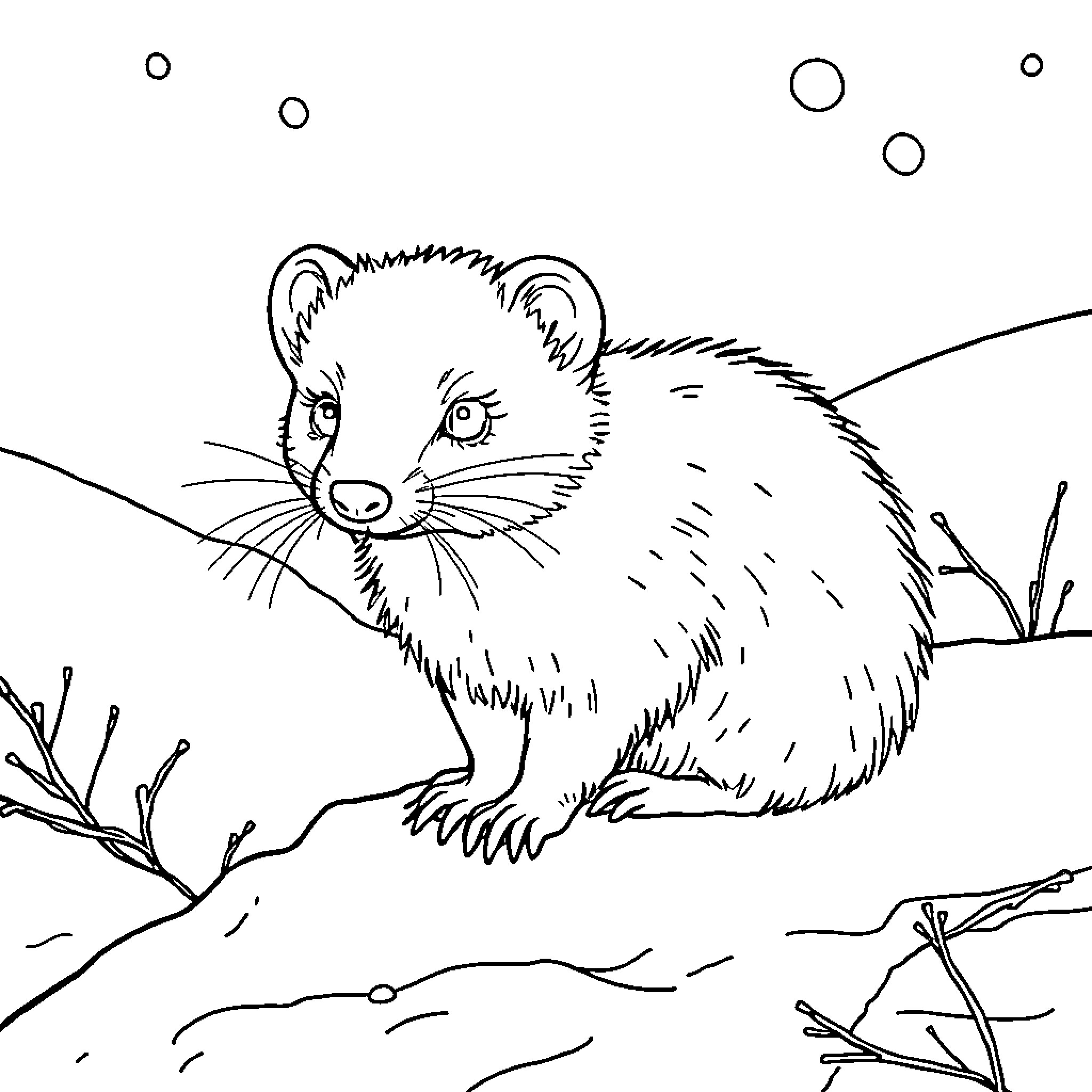Ermine prowling through the winter landscape Coloring Page (free black-and-white line drawing printable PDF for all, from beginners to advanced learners, including children, teens, adults, and seniors)