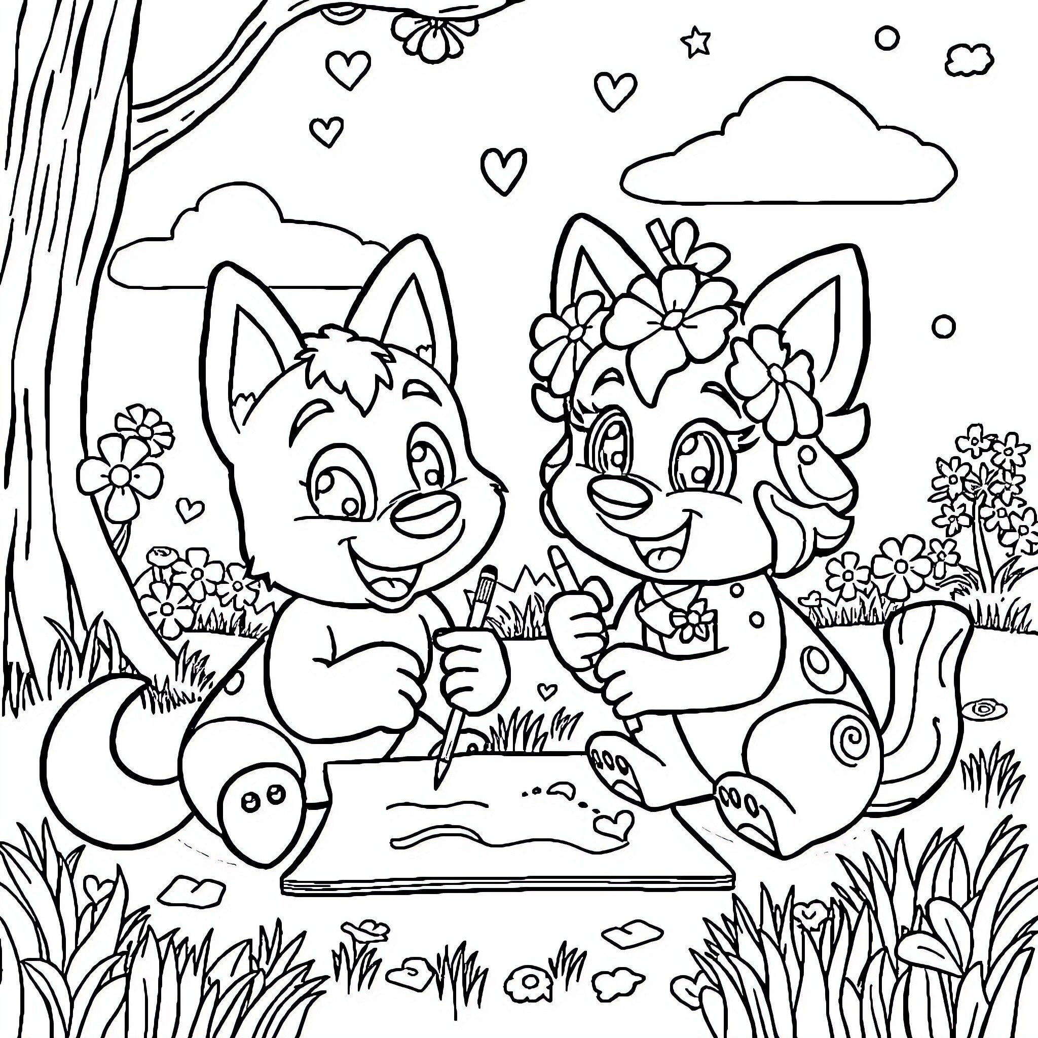 Bluey and Bingo playing happily in the park Coloring Page (free black-and-white line drawing printable PDF for all, from beginners to advanced learners, including children, teens, adults, and seniors)