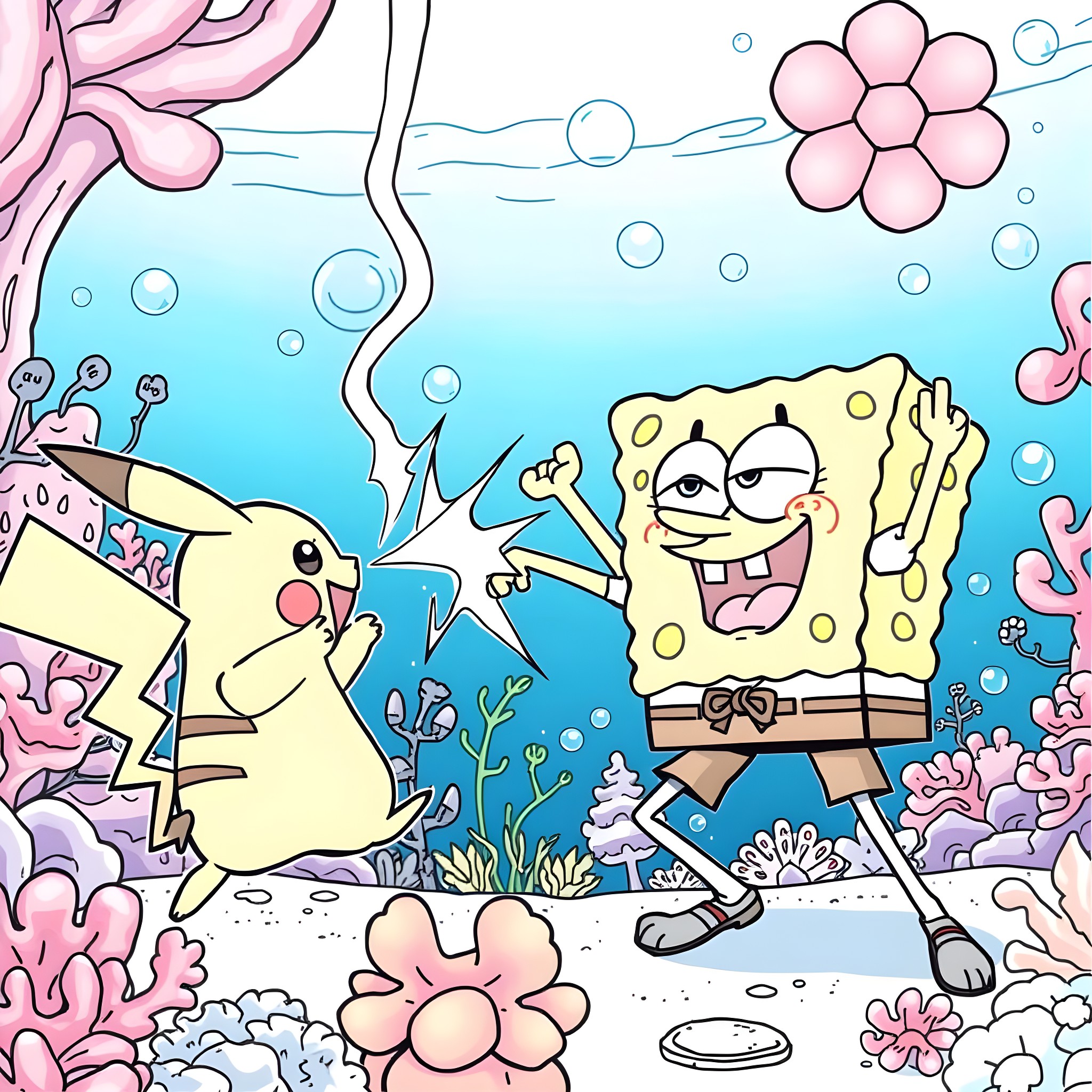 Pikachu and SpongeBob exploring the colorful underwater world Coloring Page (free black-and-white line drawing printable PDF for all, from beginners to advanced learners, including children, teens, adults, and seniors)