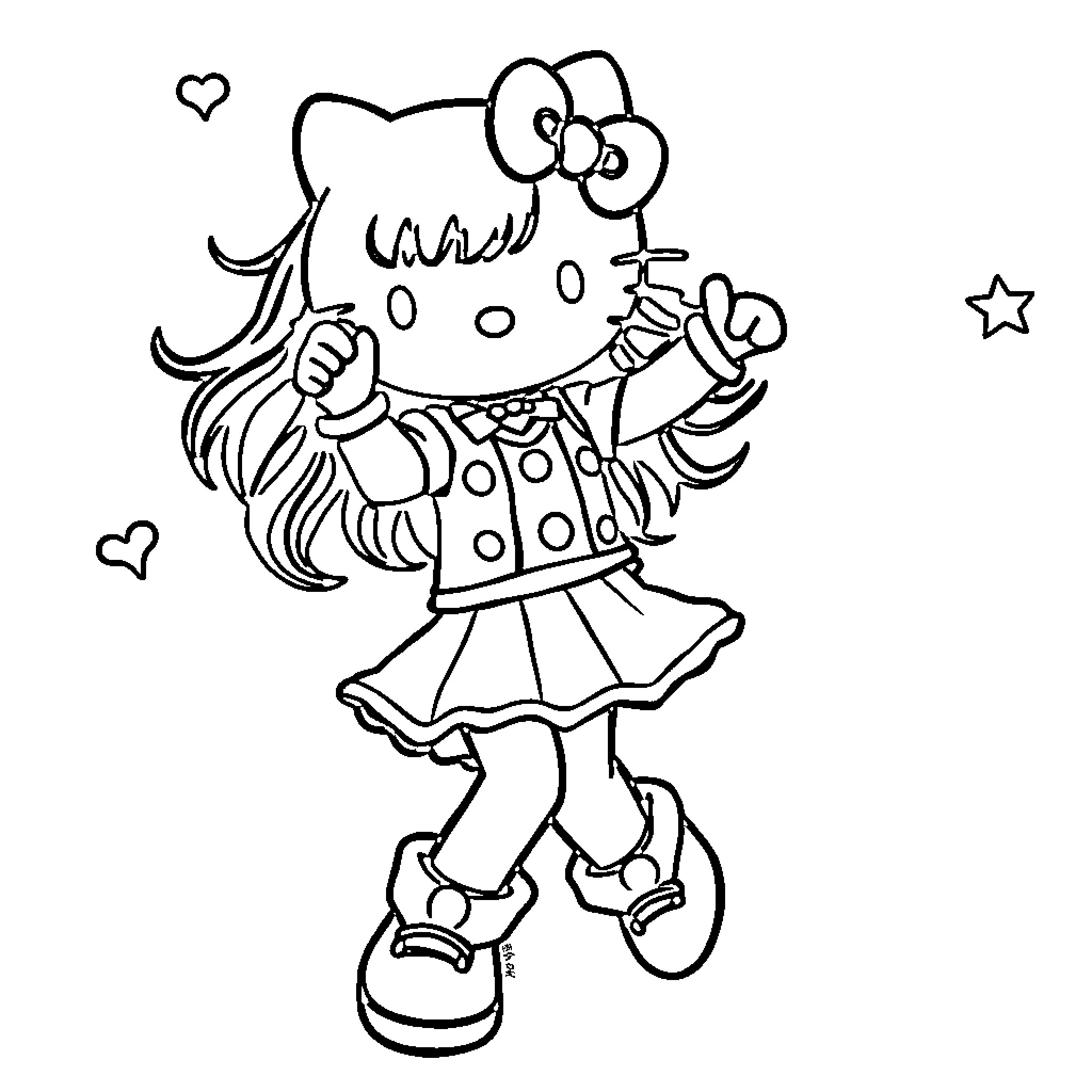 K Pop Star Hello Kitty Doodle Sketch Coloring Page (free black-and-white line drawing printable PDF for all, from beginners to advanced learners, including children, teens, adults, and seniors)
