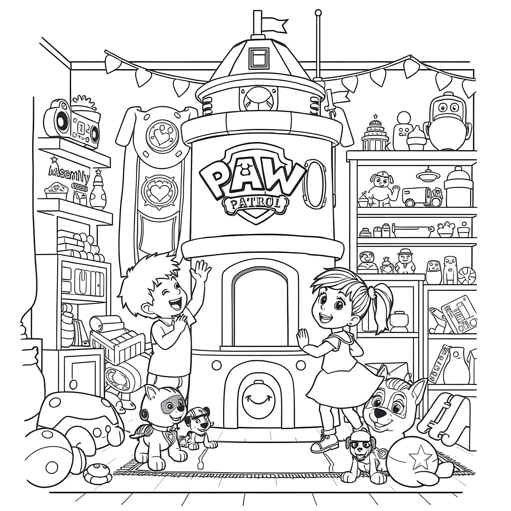 Paw Patrol Characters Explore Clubhouse Coloring Page (free black-and-white line drawing printable PDF for all, from beginners to advanced learners, including children, teens, adults, and seniors)