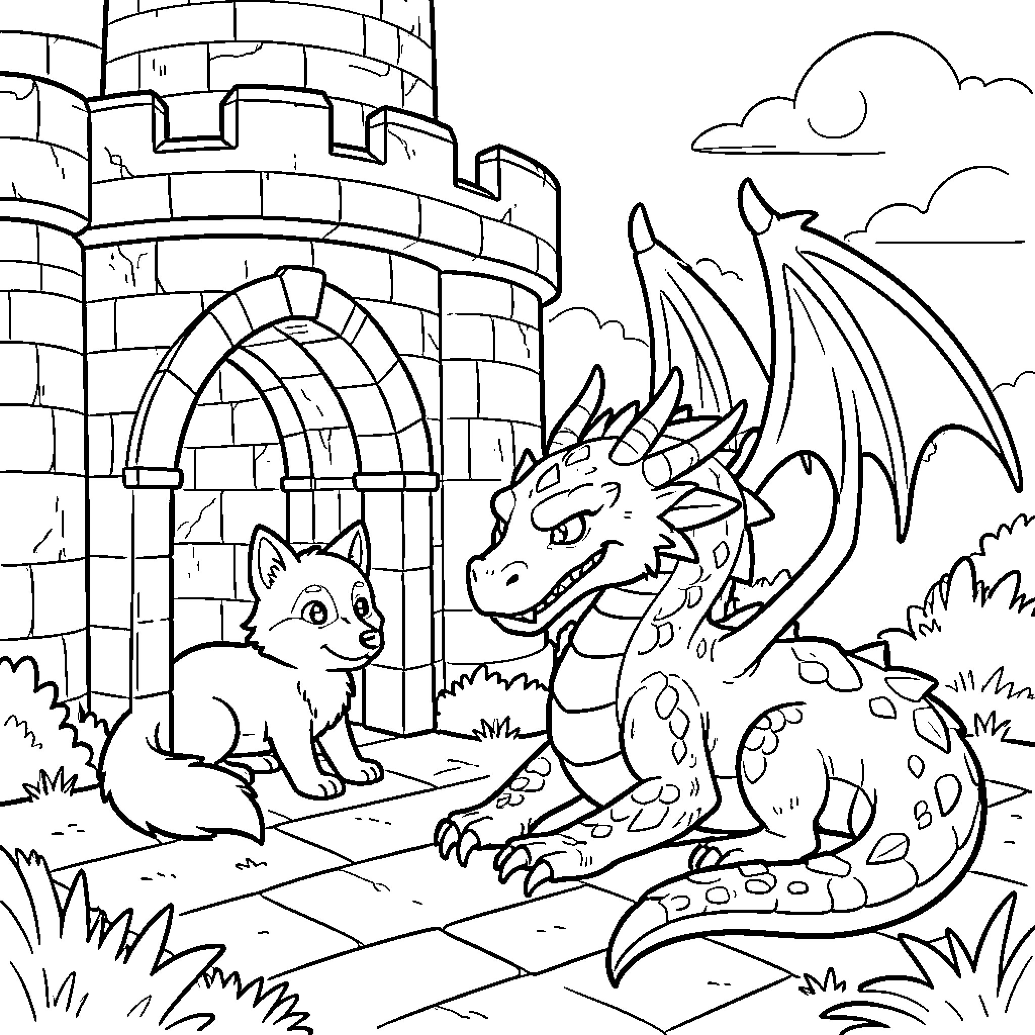 Wolf and dragon meeting in front of a castle Coloring Page (free black-and-white line drawing printable PDF for all, from beginners to advanced learners, including children, teens, adults, and seniors)