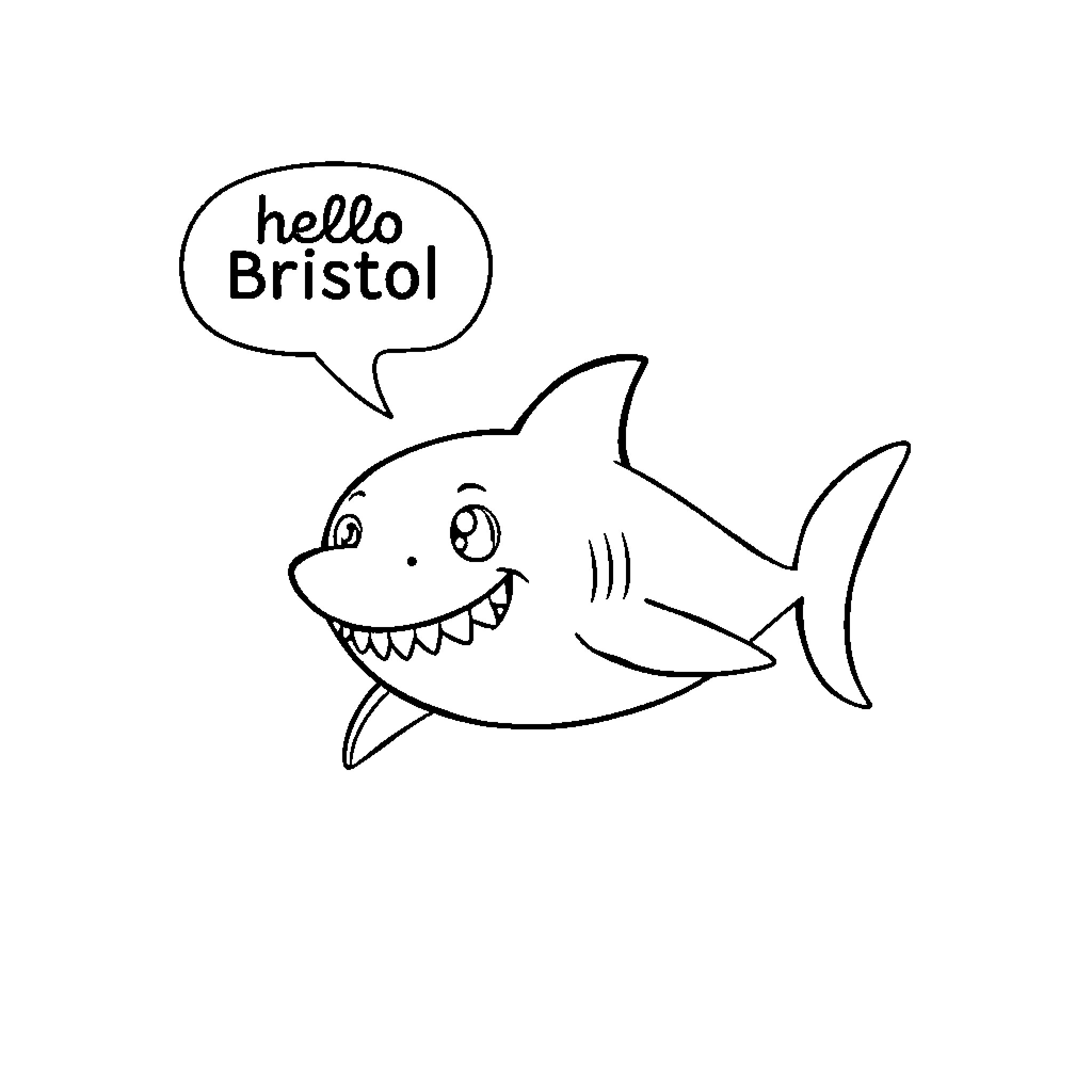 Shark greeting Bristol happily Coloring Page (free black-and-white line drawing printable PDF for all, from beginners to advanced learners, including children, teens, adults, and seniors)
