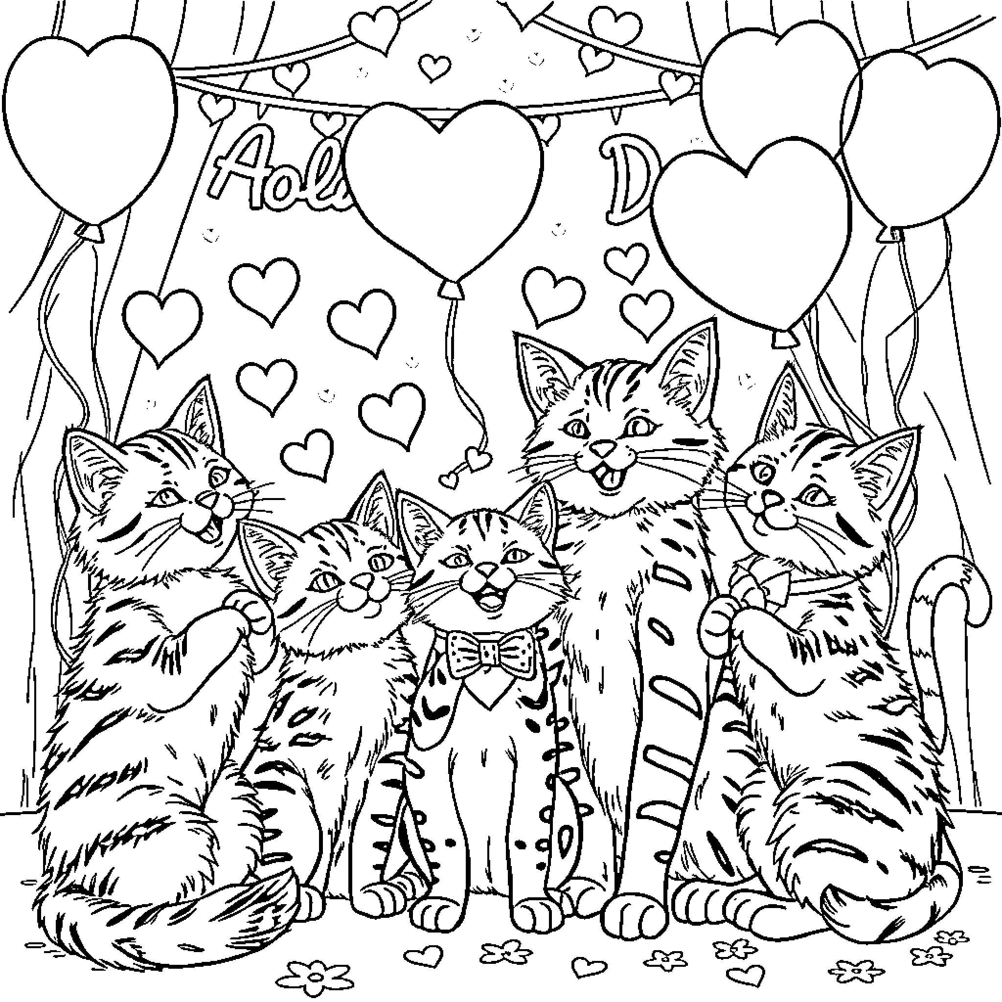 Wildcat friends playing with heart-shaped balloons Coloring Page (free black-and-white line drawing printable PDF for all, from beginners to advanced learners, including children, teens, adults, and seniors)