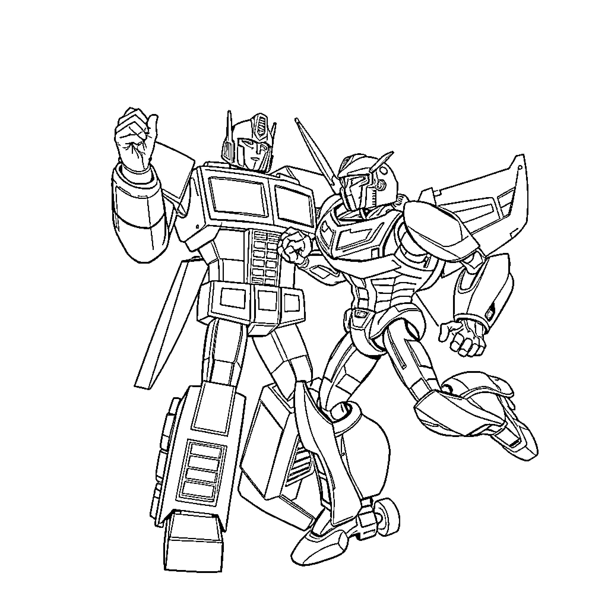 Optimus Prime in action-packed robot mode Coloring Page (free black-and-white line drawing printable PDF for all, from beginners to advanced learners, including children, teens, adults, and seniors)