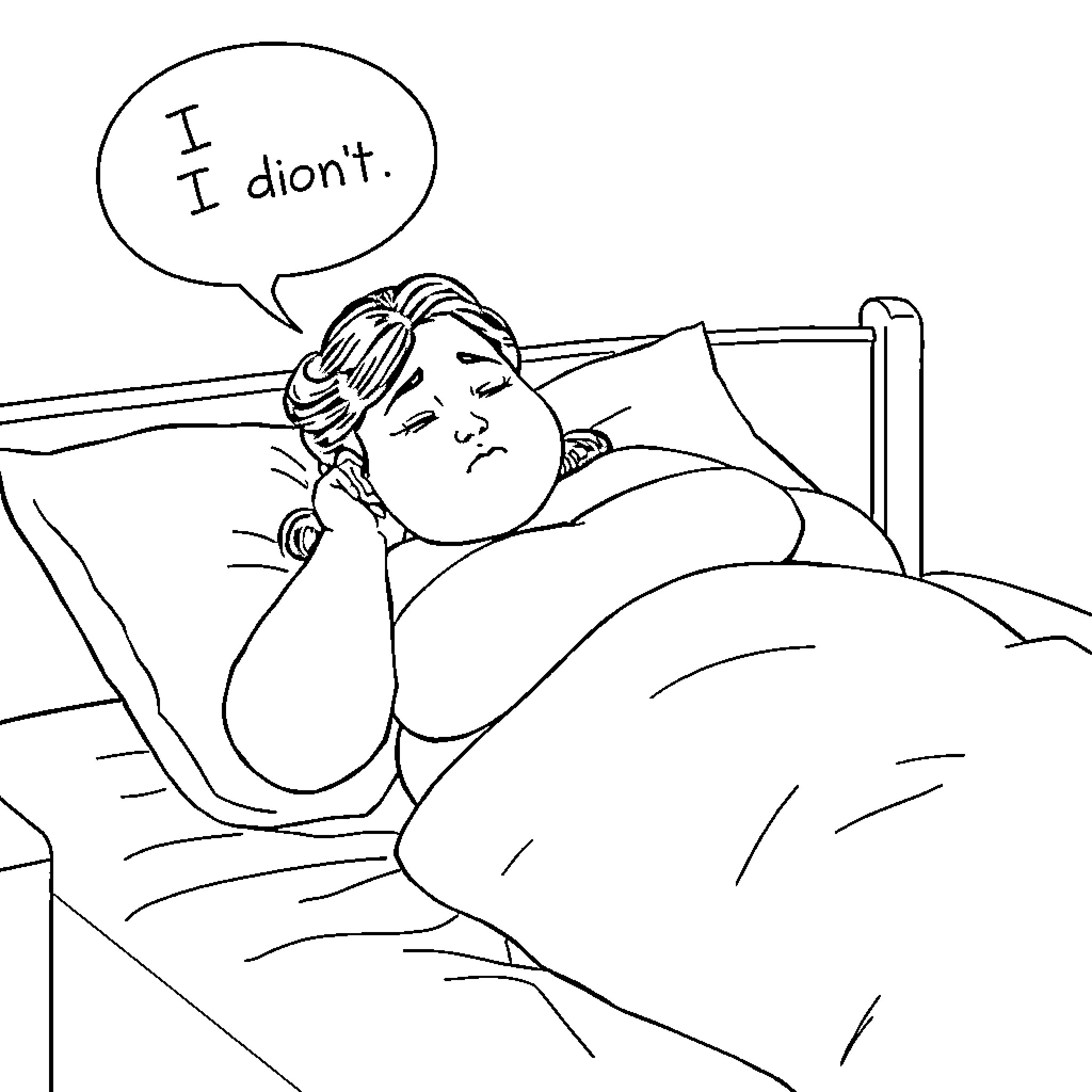 Lady Apologizes for Mistake in Bed Coloring Page (free black-and-white line drawing printable PDF for all, from beginners to advanced learners, including children, teens, adults, and seniors)