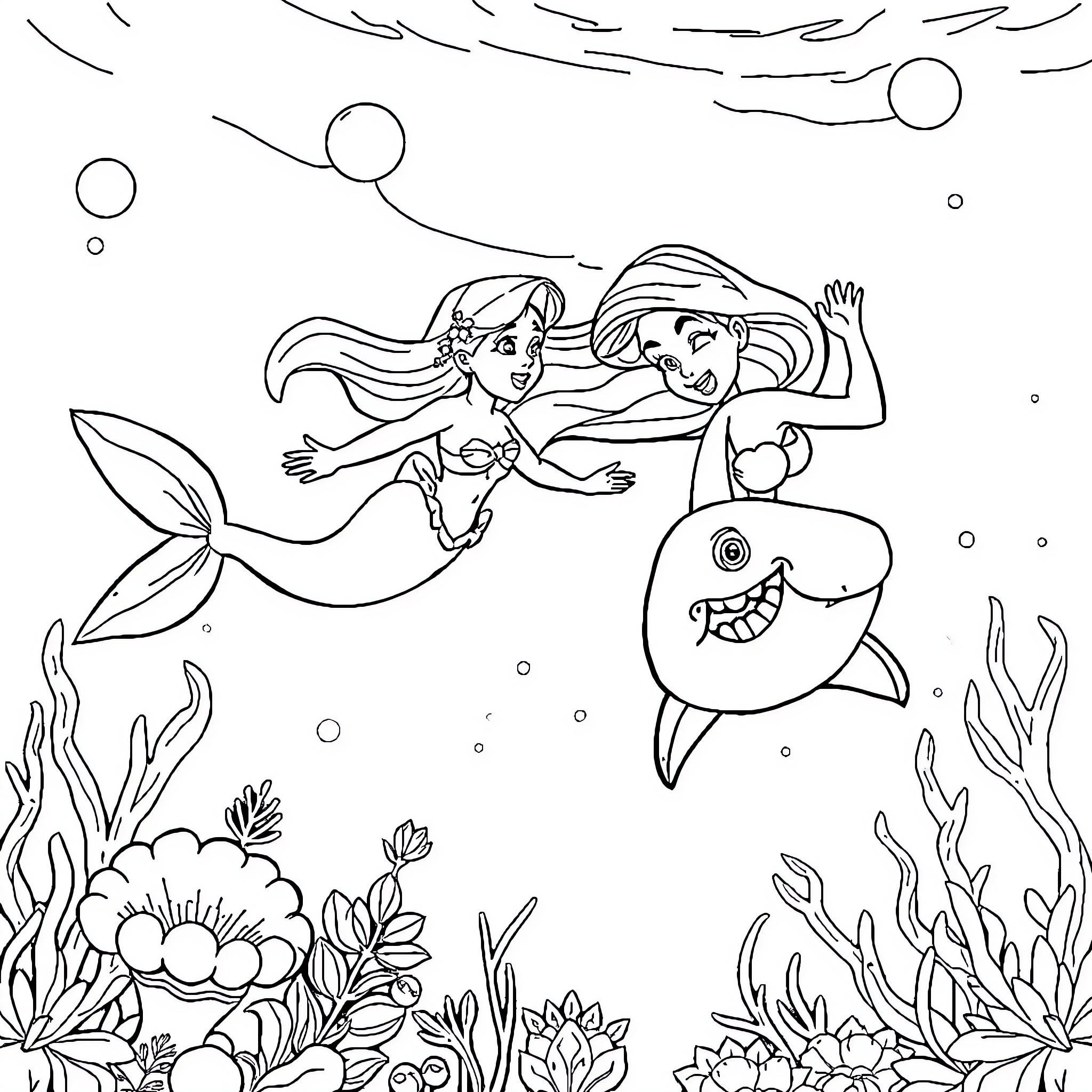 Mermaid exploring the underwater world with a friendly shark Coloring Page (free black-and-white line drawing printable PDF for all, from beginners to advanced learners, including children, teens, adults, and seniors)
